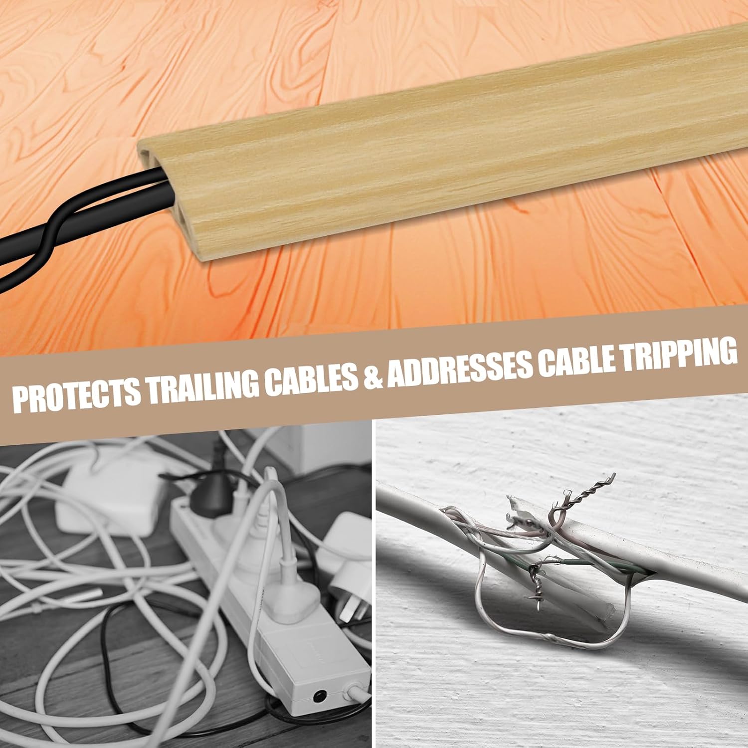 Floor Cord Cover Self Adhesive Cord Hider,20FT Cable Management, Extension Strip Protector for Wires, Prevent Cable Trips for Offices, Gyms, Exhibitions Cavity:0.39"(W) x 0.27"(H) WoodLightyellow