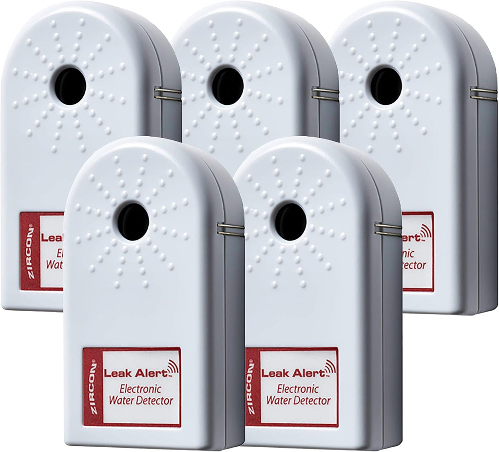 Zircon Leak Alert Water Leak Detector & Flood Sensor Alarm/Water Leak Sensor with Dual Leak Alarms 90dB Audio/Battery Powered (5 Pack) Batteries Not Incuded, (72310)