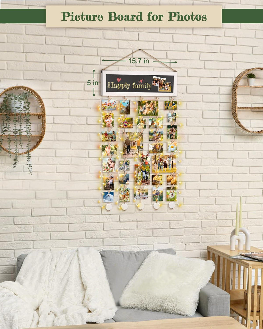 Bikoney Picture Frames Collage Wall Decor Photo Hanging Display Picture Board Wood Rustic Frames for Home Dorm Room Decor with Blackboard and 30 Clips White