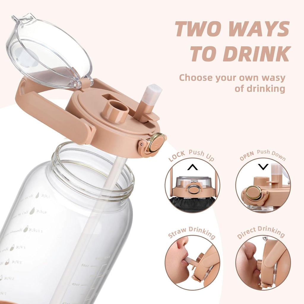 64oz Glass Water Bottle with Straw and Sleeve Half Gallon Motivational Water Bottle with Time Marke and Strap 2L Leakproof Borosilicate Reusable Water Jug for Gym Outdoors