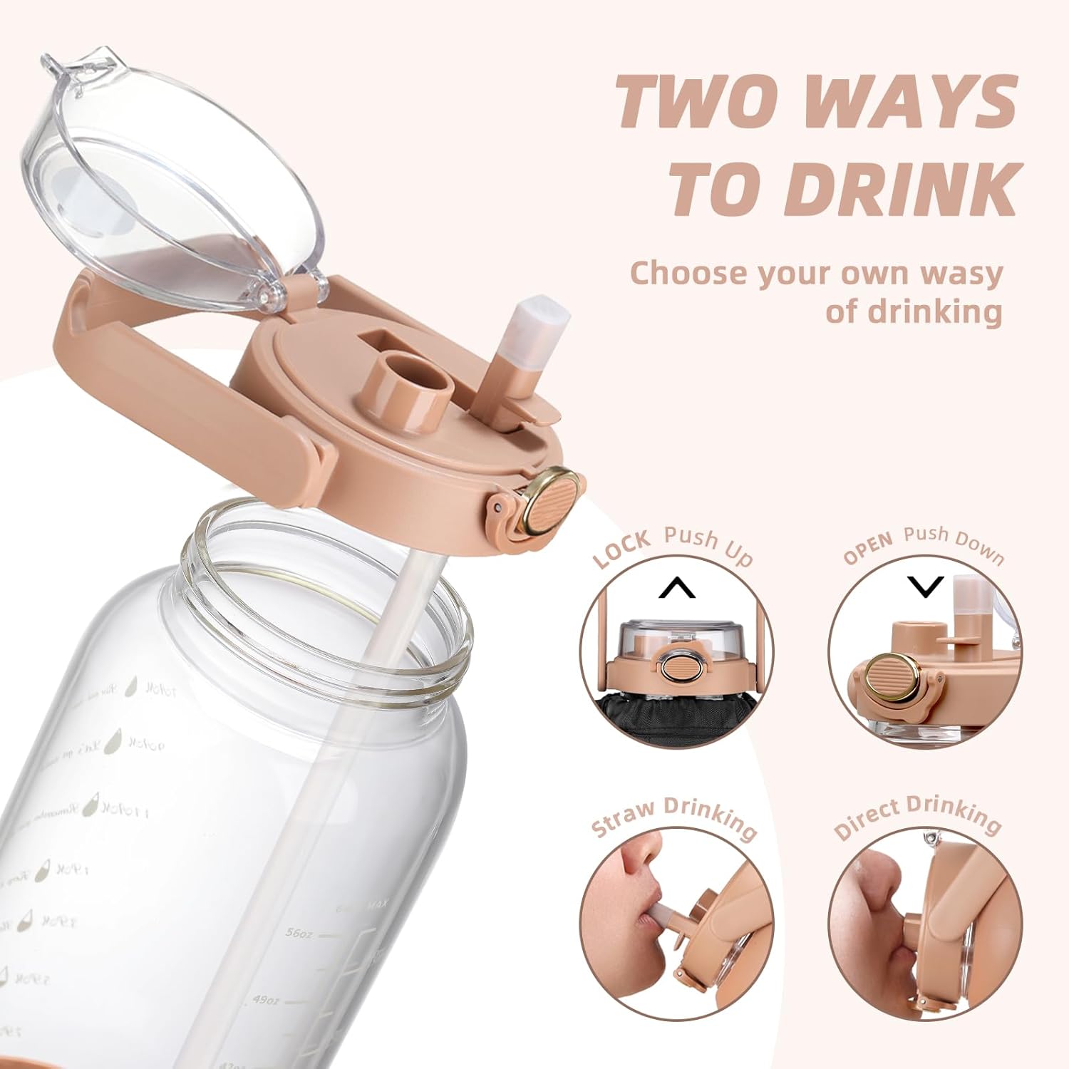 64oz Glass Water Bottle with Straw and Sleeve Half Gallon Motivational Water Bottle with Time Marke and Strap 2L Leakproof Borosilicate Reusable Water Jug for Gym Outdoors