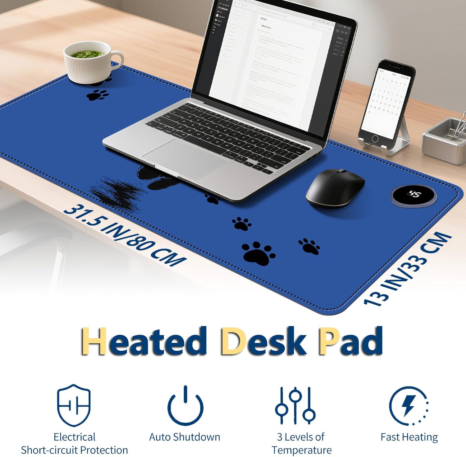 Heated Mouse Pad with 3 Temperature Settings(104°F–122°F),Large 31.5x13 Inch PU Leather Heated Desk Mat,Waterproof Warming Pad for Office,Gaming & Cold Hands Relief,Cute Black Cat