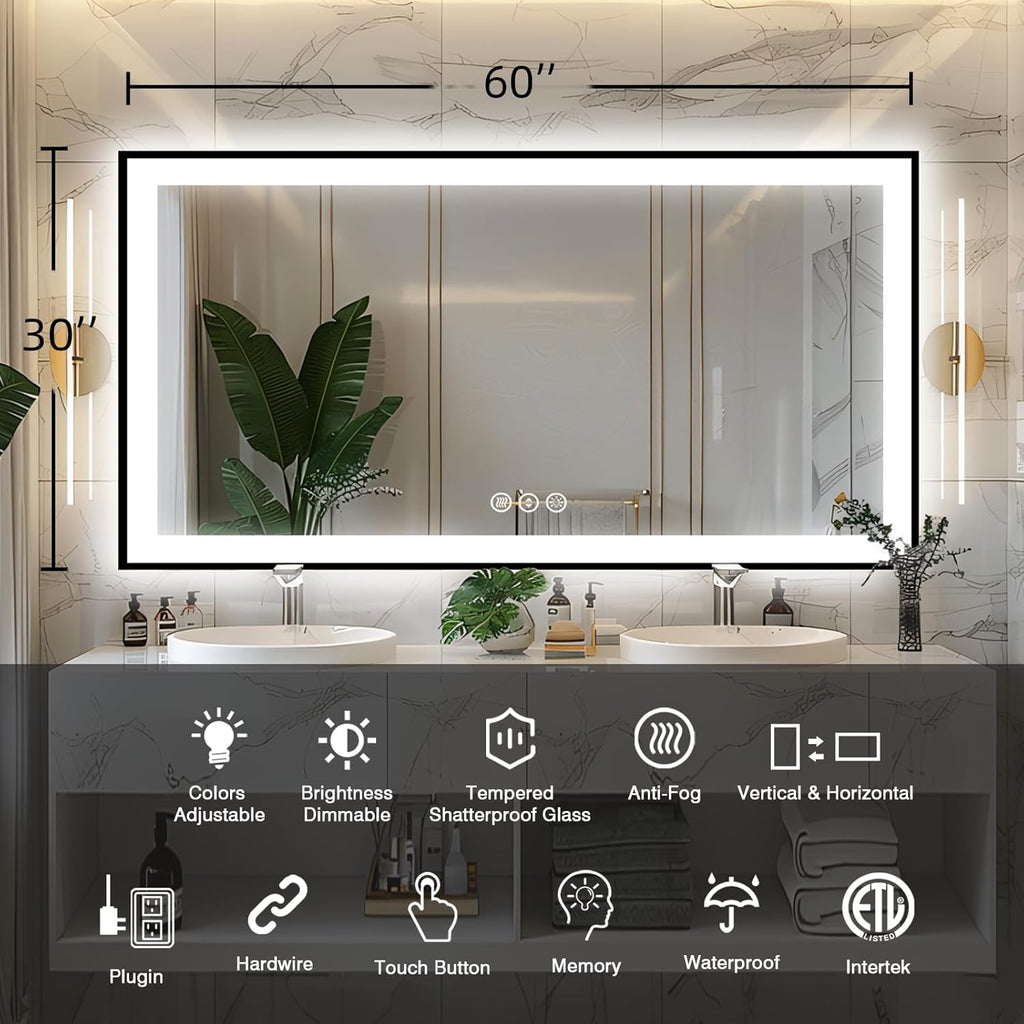 60x30 Lighted Bathroom Mirror, Wall-Mounted, Black Rim Mirror, Vanity(Front and Backlit), Stepless Dimmable CRI90+, Anti-Corrosion, Anti-Rust, Touch Sense, Memory(Horizontal/Vertical)