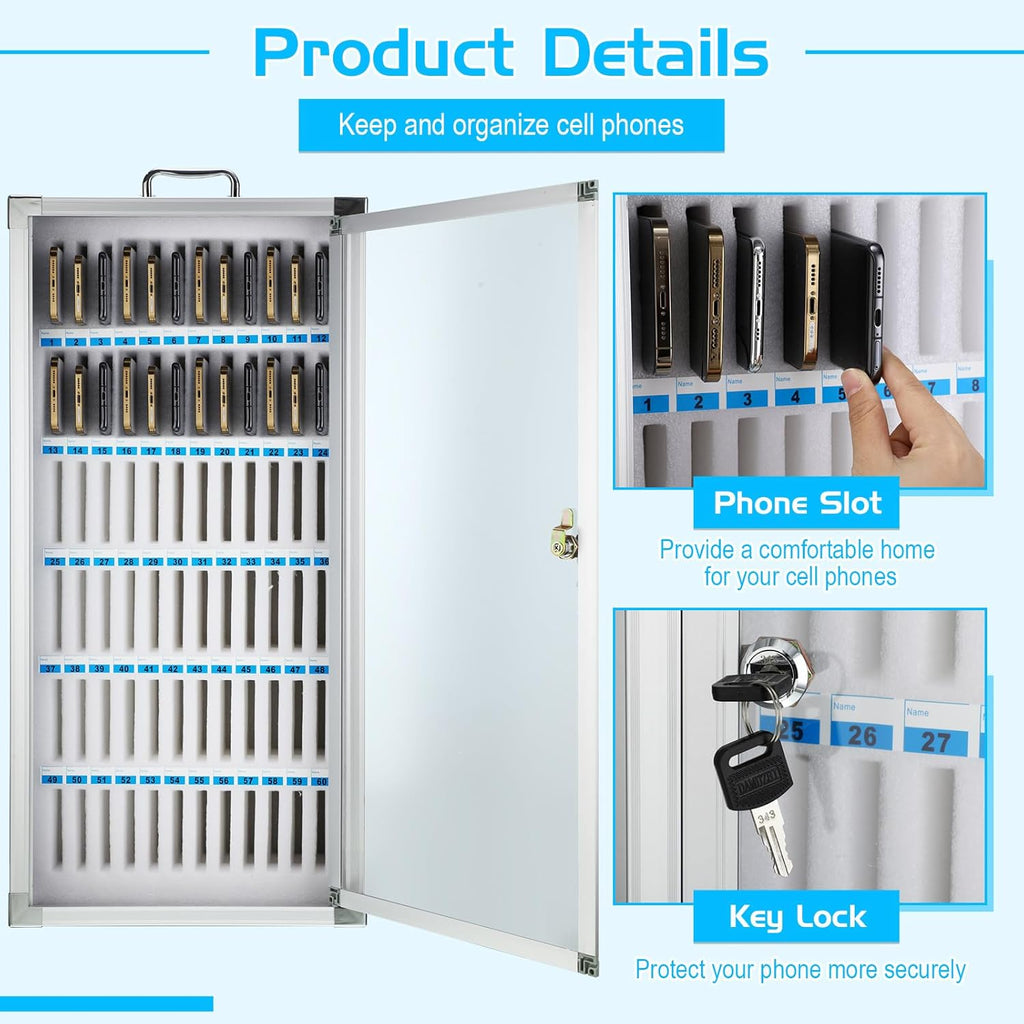 Amylove 72 Slots Cell Phone Locker Cabinet Aluminum Alloy Pocket Chart Storage Locker Box Cabinet Wall-Mounted Cell Phones Storage Box with Handle for Office Classroom Gym (White)