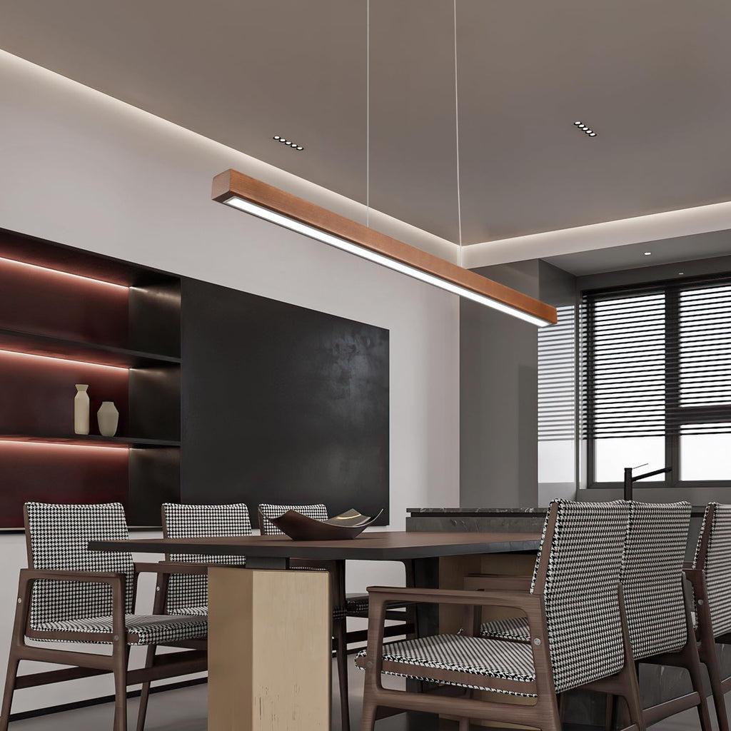 31.5" Wood Linear Pendant Light – Dimmable LED Chandelier with Remote, Adjustable Modern Farmhouse Lighting for Kitchen Islands, Dining Rooms & Bars Walnut Color (19W Energy-Efficient)