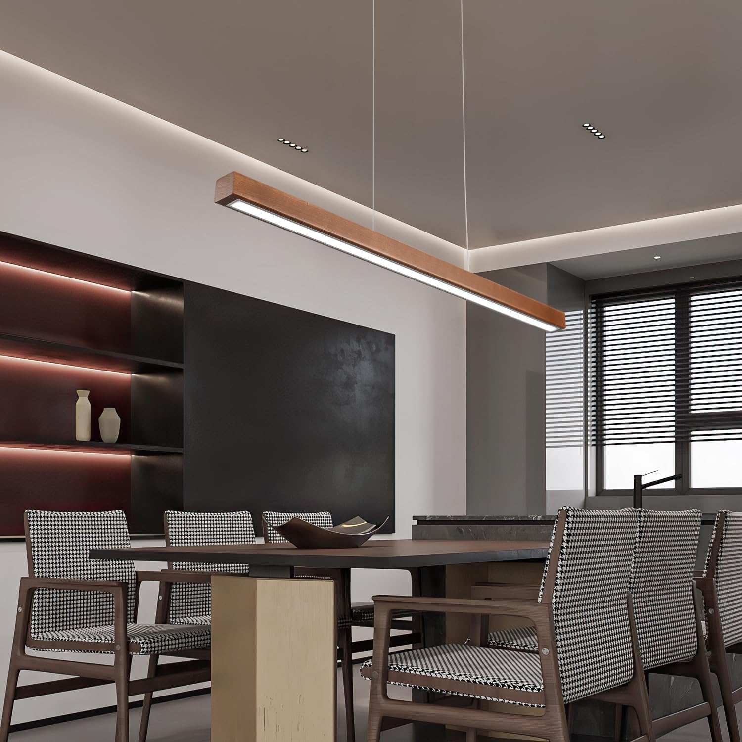 31.5" Wood Linear Pendant Light – Dimmable LED Chandelier with Remote, Adjustable Modern Farmhouse Lighting for Kitchen Islands, Dining Rooms & Bars Walnut Color (19W Energy-Efficient)