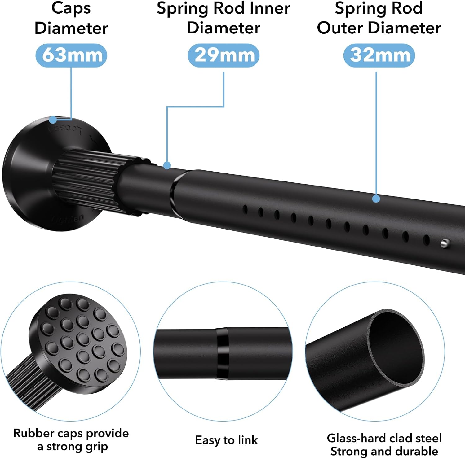 Tension Curtain Rod 51–128 In (4.25–10.67 ft),Extra Long Outdoor Curtain Rod for Window or Bathroom Patio,Easy to Install No Drilling Never Rust,Heavy Duty Adjustable Spring Shower Rod