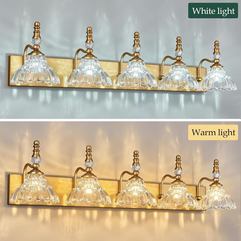 Vintage Bathroom Vanity Light, 5-Light Brass Vanity Lighting Fixture with Flower Glass Shade, Bathroom Lighting Fixtures Over Mirror