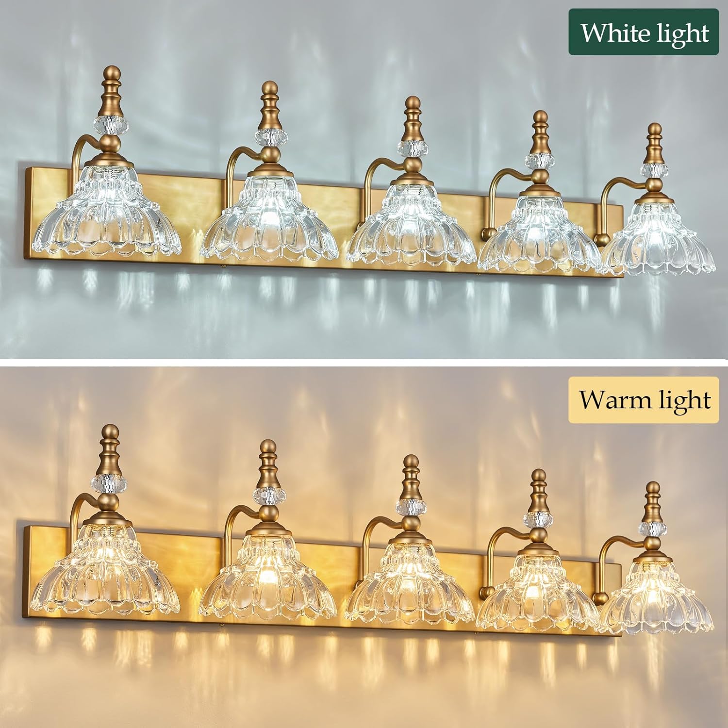 Vintage Bathroom Vanity Light, 5-Light Brass Vanity Lighting Fixture with Flower Glass Shade, Bathroom Lighting Fixtures Over Mirror