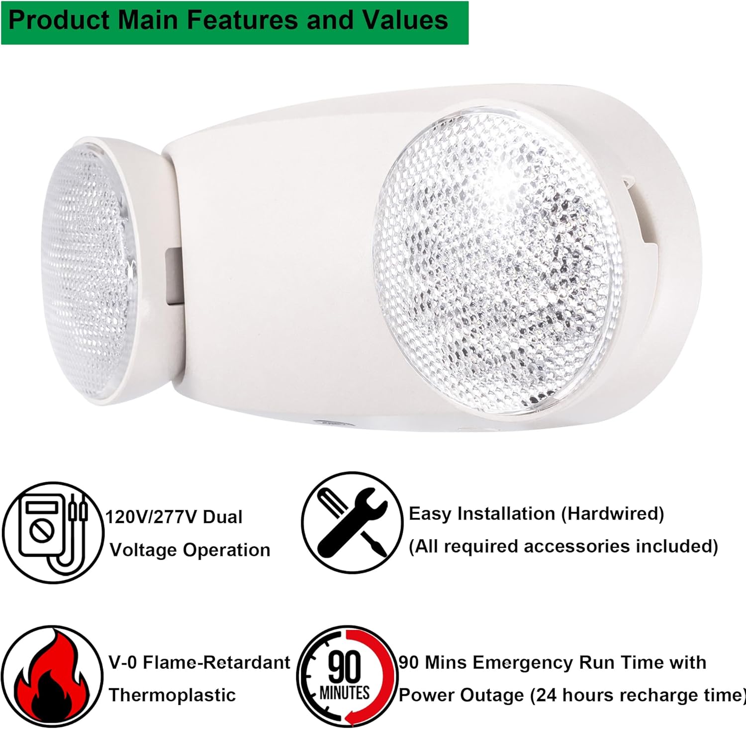 GRUENLICH LED Emergency Light, Exit Lighting Fixtures with 2 LED Bug Eye Heads and Back Up Batteries, UL 924 Qualified, 120/277 Voltage, 2-Pack