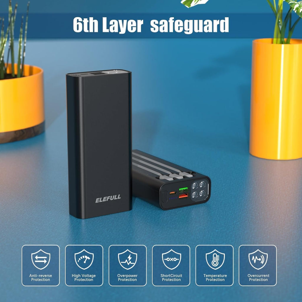 50000mAh Portable Charger, Built-in Cable 22.5W QC 3.0 PD USB C Power Bank, Fast Charging with, LED Flashlight, External Mobile Phone Batteries Compatible with iPhone (Black2, 50000, Milliamp Hours)