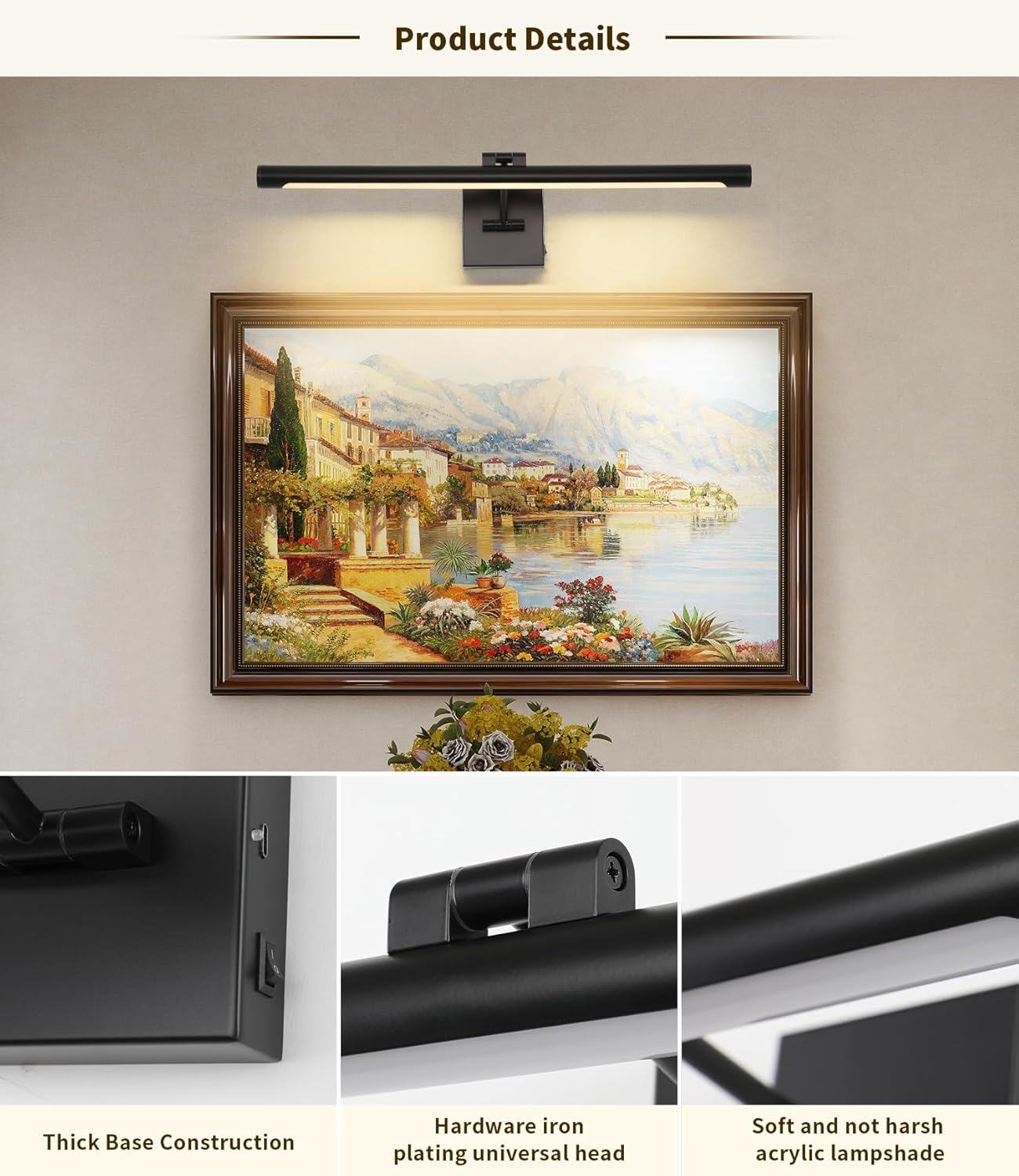 Joosenhouse Battery Operated Picture Lights for Wall Rechargeable Art Lighting for Paintings Wireless Gallery Lights with Remote Control and Timed Dimmable with Single Swing Arm 24.4 Inch Black
