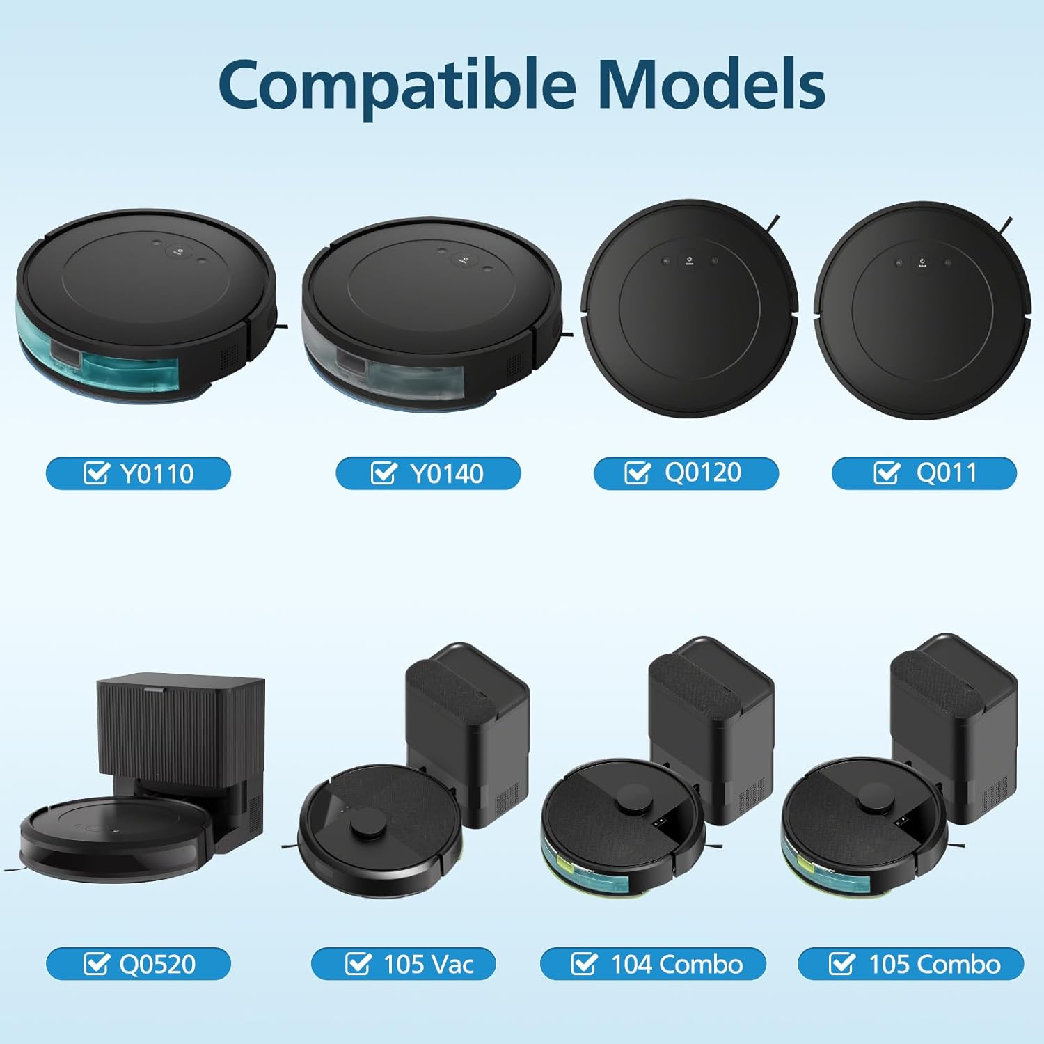Replacement Parts Accessories Compatible with iRobot Roomba 104, 105 Vac/Combo, Y0140, Q0120, Y0110, Q0520, Q011 Robot Vacuum, 2 Roller Brush, 8 Hepa Filters, 8 Side Brushes, 1 Cleaning Brush, 19 Pcs