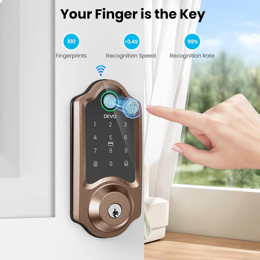 DEVO G8 Smart Lock with Doorbell - 6-in-1 Fingerprint Keyless Entry Deadbolt, Built-in Wi-Fi & APP Control, IP54 Waterproof Auto-Lock for Front Door Security, Easy Install (BHMA Certified)
