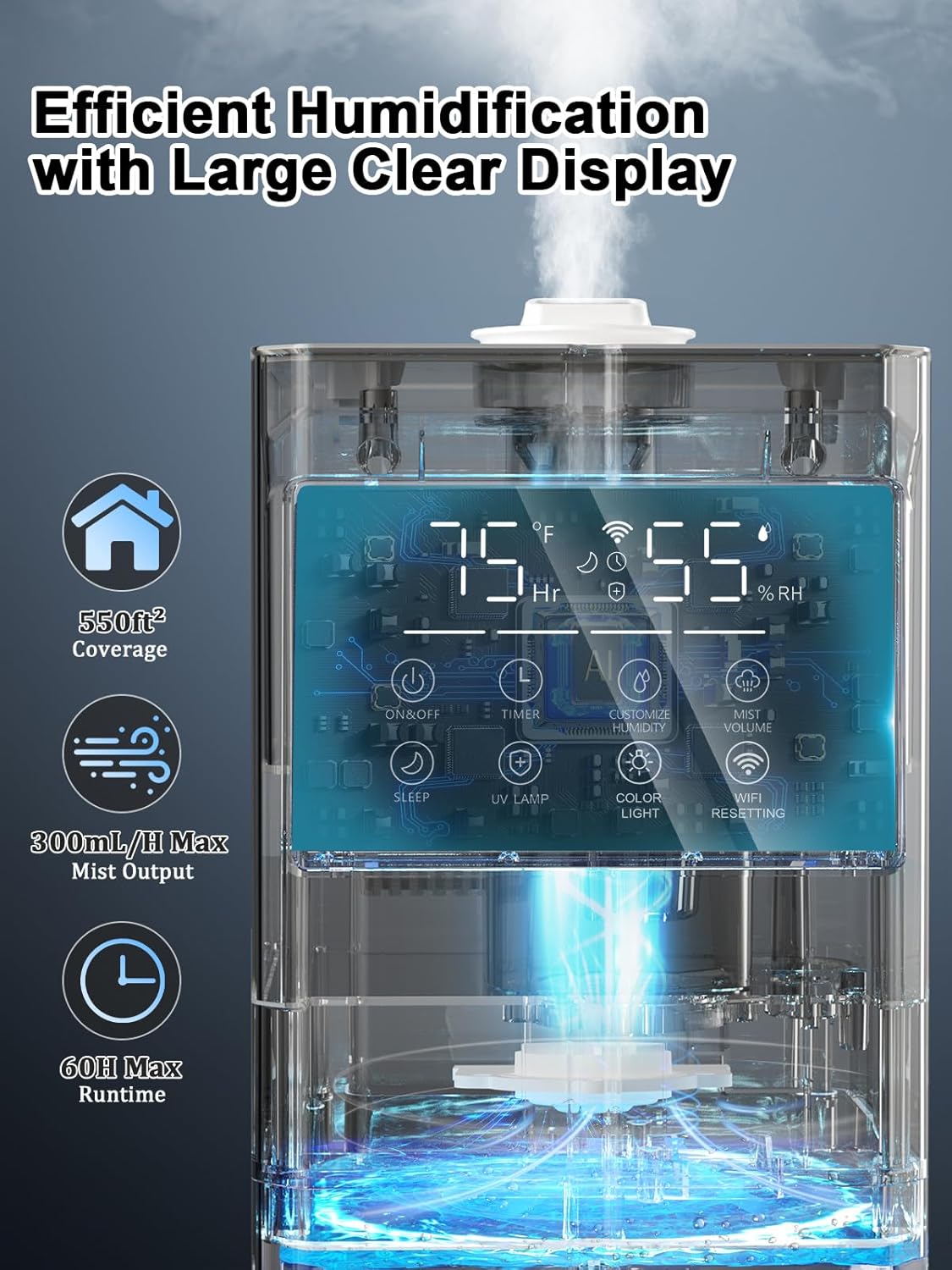 9L/2.4Gal Smart Cool Mist Humidifier, Top Fill Quiet Humidifier Large Room, Covers 550ft², App & Remote Control, 60H Runtime, 7 Colors Light, 4 Mist Modes Humidifiers for Bedroom, Office, White