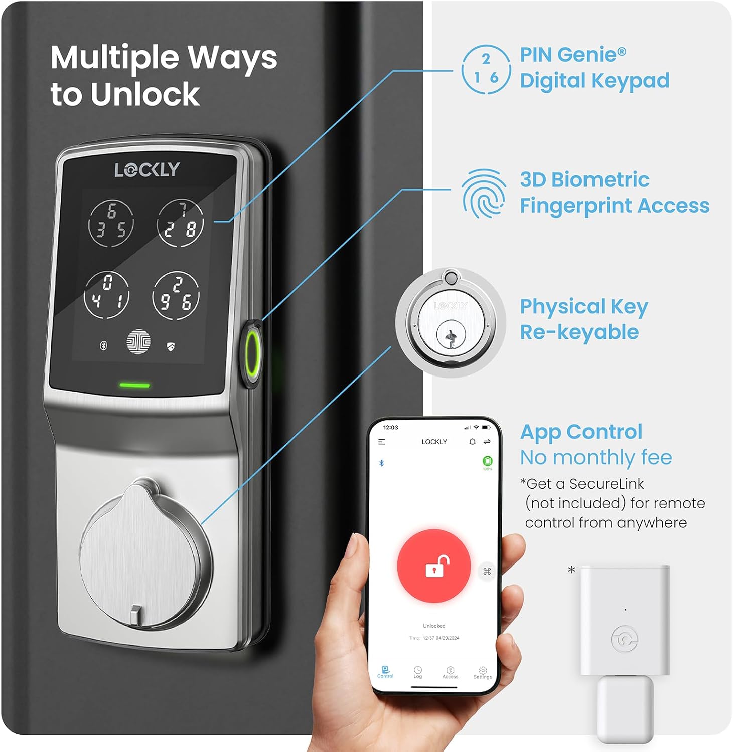 Lockly Secure Plus Bluetooth Smart Door Lock, Keyless Entry with PIN Genie® Digital Keypad, 3D Biometric Fingerprint Sensor Front Door Lock Deadbolt, Voice Control & Auto Lock - Deadbolt Edition