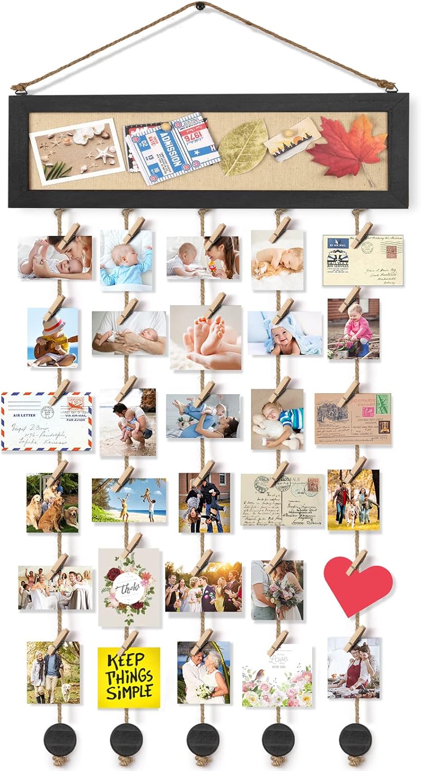 Bikoney Picture Frames Collage Wall Decor Hanging Photo Display Multi Pictures Organizer with Wood Bulletin Board Photo Board 30 Clips and 6 Pushpins for Home and Dorm Room Decor (Black)