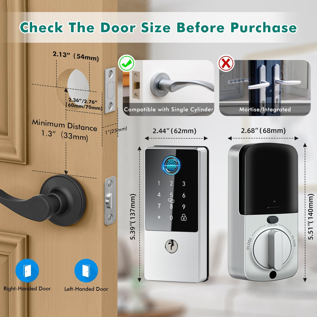 Smart Lock, Upgrade Keyless Entry Deadbolt Smart Lock with Keypad, Fingerprint Door Lock, Smart Locks for Interior Front Door, Biometric Digital Door Lock with Code App Control and Auto Lock(Silver)