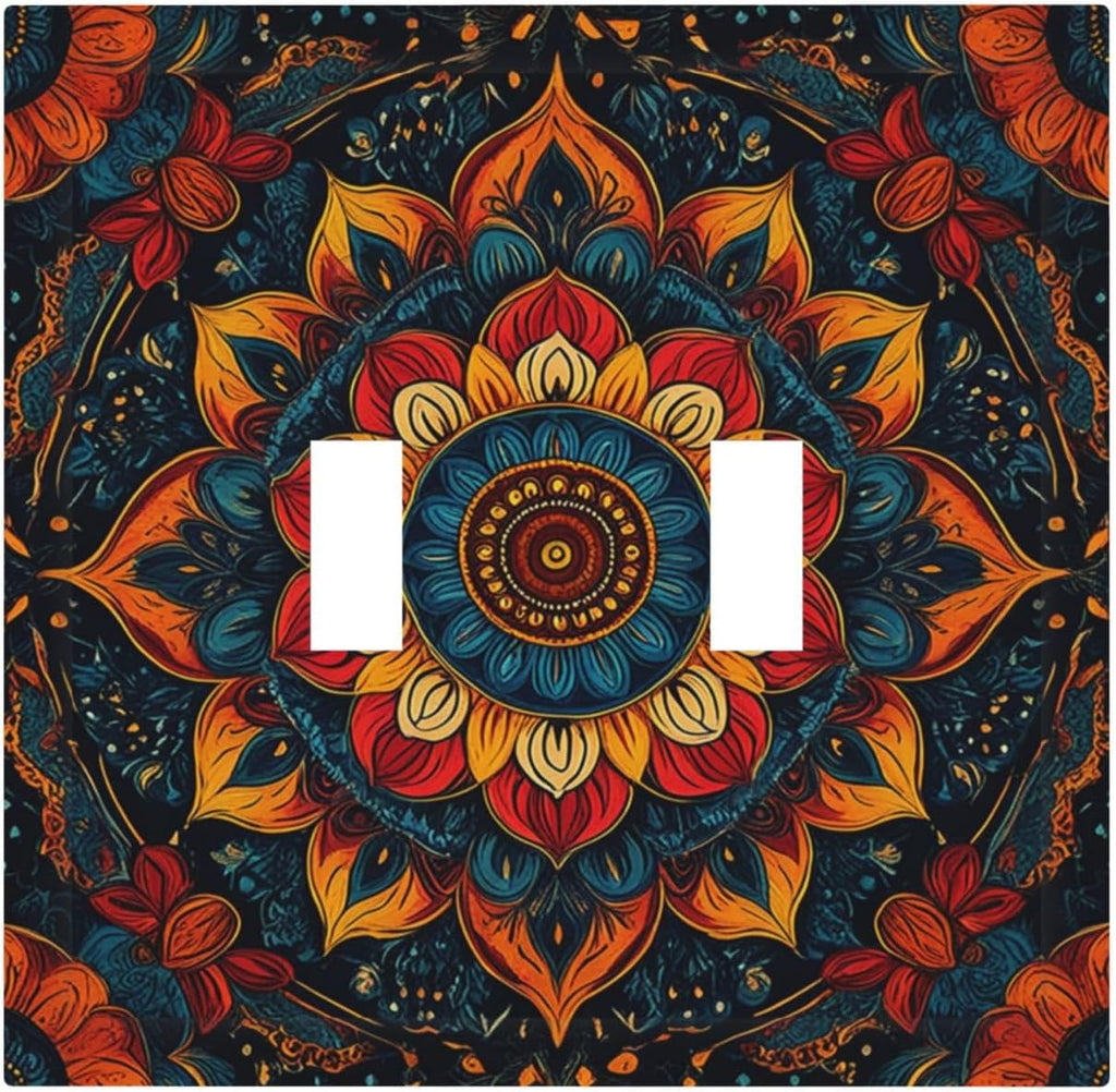 Boho Colorful Mandala 2 Gang Double Toggle Light Switch Cover Decorative Switchplate Electrical Wall Plates Faceplate for Bathroom Bedroom Decor 4.9 X 5 IN