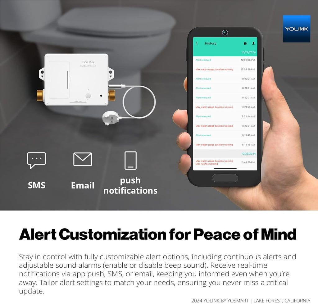 YoLink LeakStop 1-Channel for Toilets/Sinks, Auto Shutoff Valve & Leak Detector, Real-Time Monitoring, LoRa Long-Range, 2 AA Up to 5-Year Battery, App/SMS/Email Alerts – Hub Required