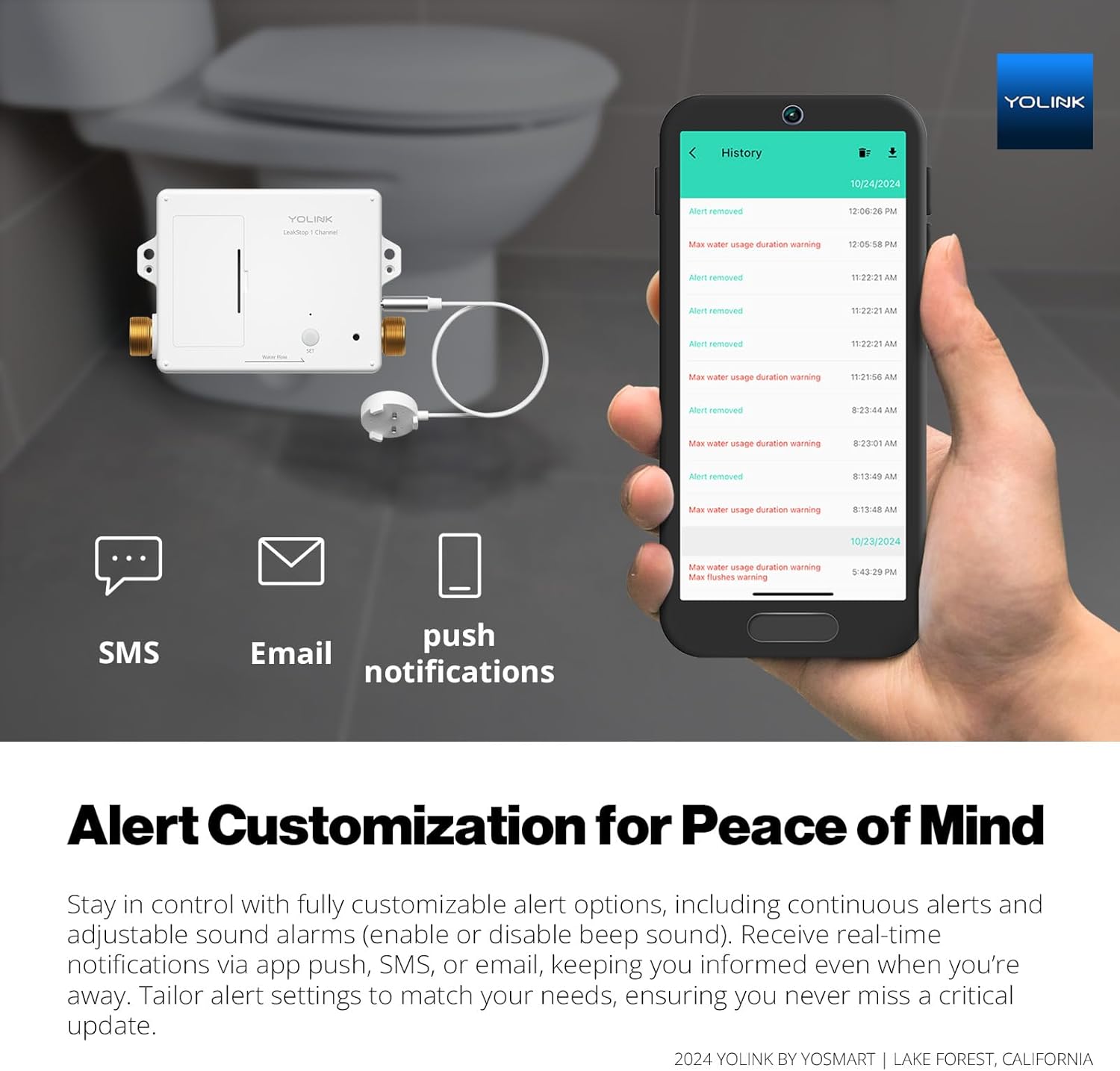 YoLink LeakStop 1-Channel for Toilets/Sinks, Auto Shutoff Valve & Leak Detector, Real-Time Monitoring, LoRa Long-Range, 2 AA Up to 5-Year Battery, App/SMS/Email Alerts – Hub Required