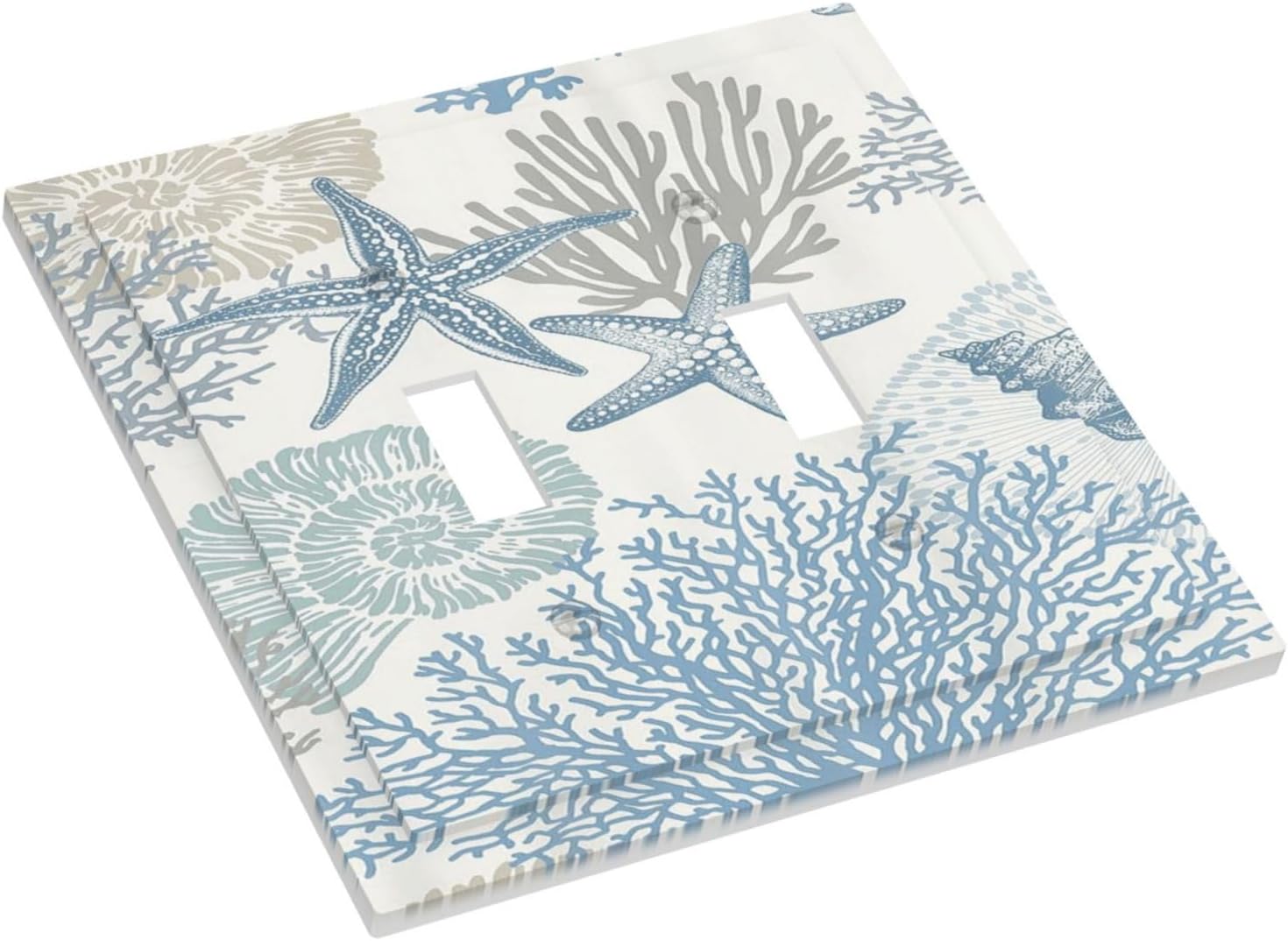 Decorative Light Switch Plate Covers Blue Starfish Coral Seaweed 2 Gang Light Switch Cover Plate Double Toggle Wall Plate Outlet Covers for Bathroom Bedroom Decor （2 Pack）