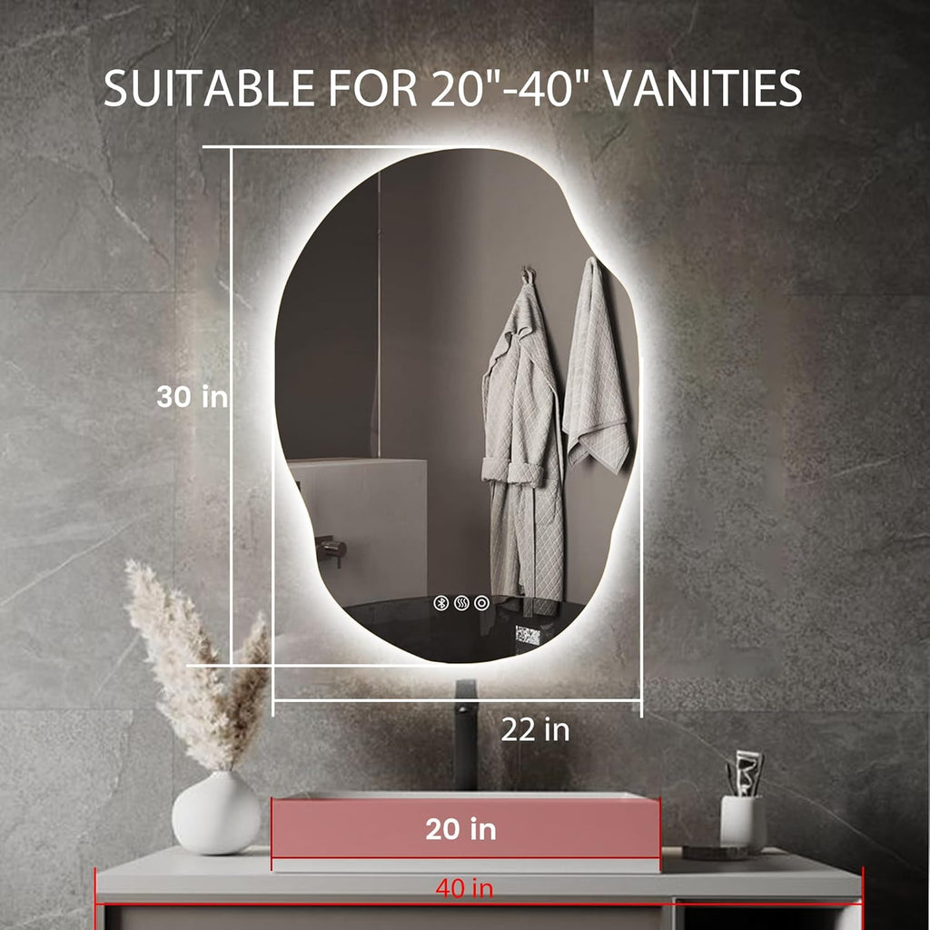 Irregular Led Bathroom Mirror with Bluetooth, 22 x 30 Inch Lighted Mirrors, Backlit Mirror with Anti-Fog, Memory Function, 3 Color Temperature, Dimmable Asymmetrical Led Mirror