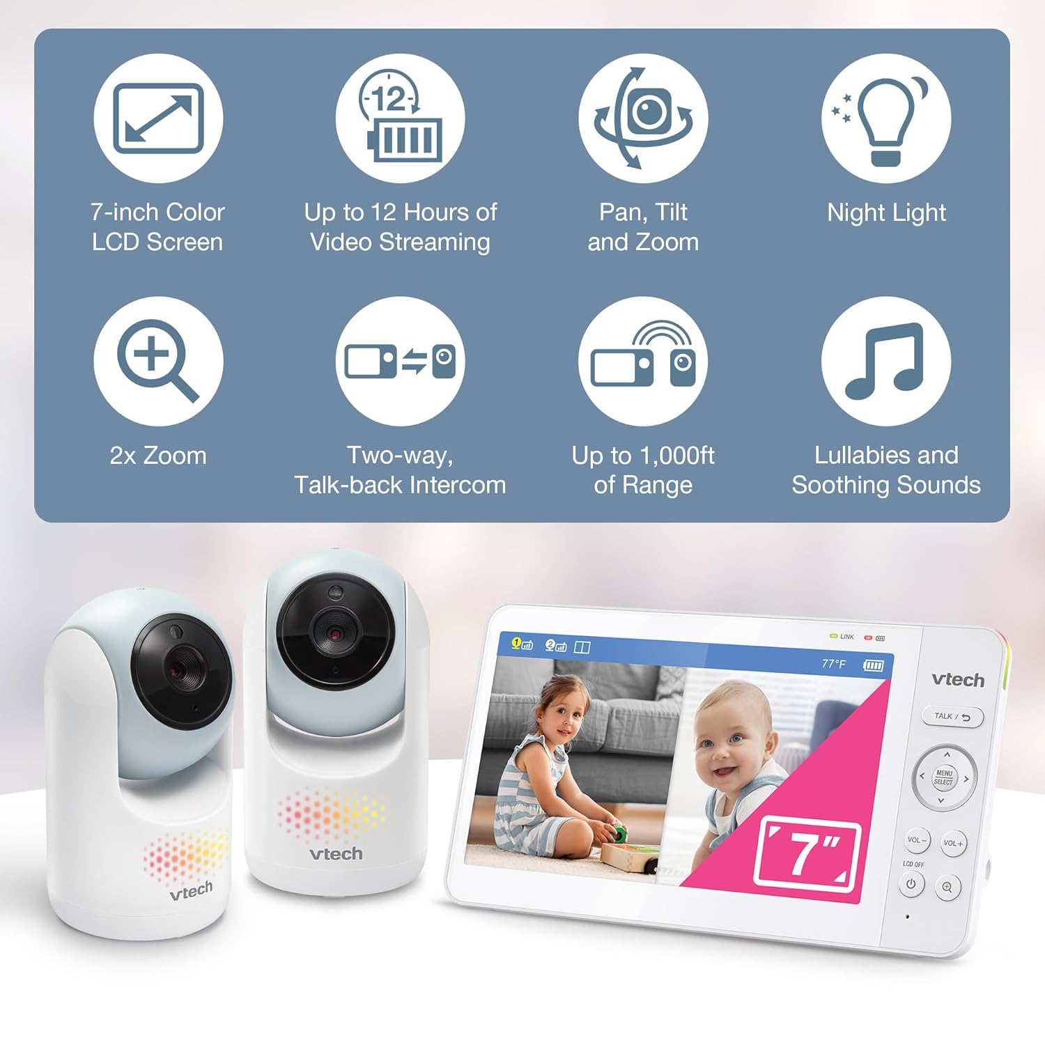 VTech 2-Cameras Video Baby Monitor with 7" Color LCD Screen, Rechargeable Battery, Video and Audio Streaming, Pan-Tilt-Zoom, Touch Multi-Color Night Light, Two-Way Talk: Advanced Max Twin (Blue)