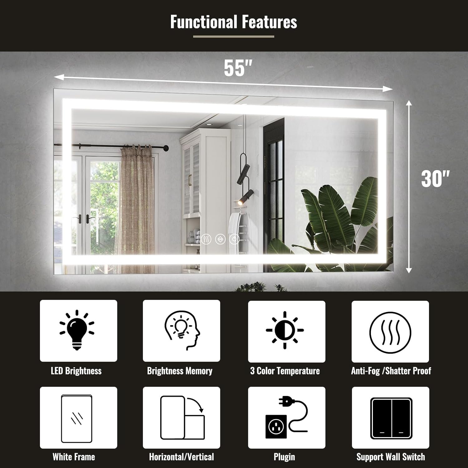 LED Bathroom Mirror, 30x55 Inch White Framed Gradient Front and Backlit Vanity Mirror, Anti-Fog, Dimmable, Wall Mounted Horizontal/Vertical Lighted Mirror
