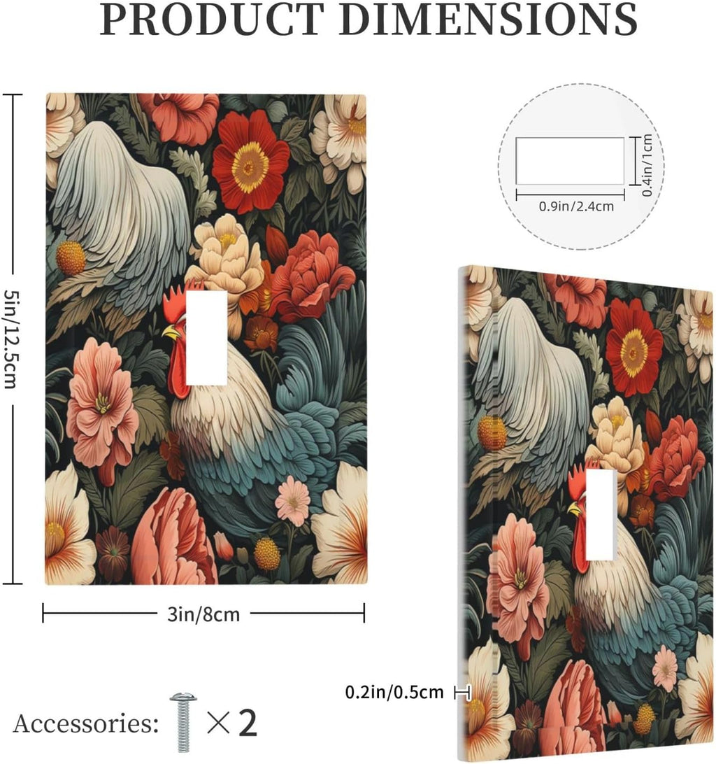 Decorative Light Switch Cover Rooster Flowers Red White Chicken Floral 1 Gang Single Toggle Device Electrical Faceplate Switchplates Decorator Outlet Wall Plate for living Room Farmhouse