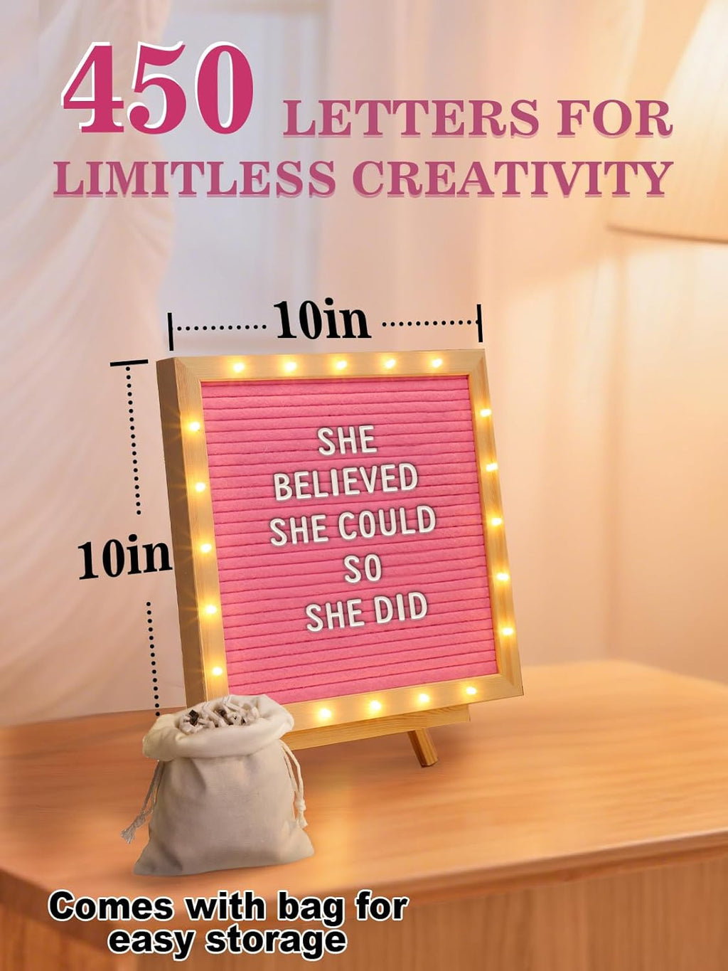 Changeable Felt Letter Board with LED Lights - 10×10" Message Custom Signs & Wood Stand & 450 Letters, Poster Board for Valentine's Day/Baby/Pregnancy Announcement/Classroom Wall Decor Gifts, Pink