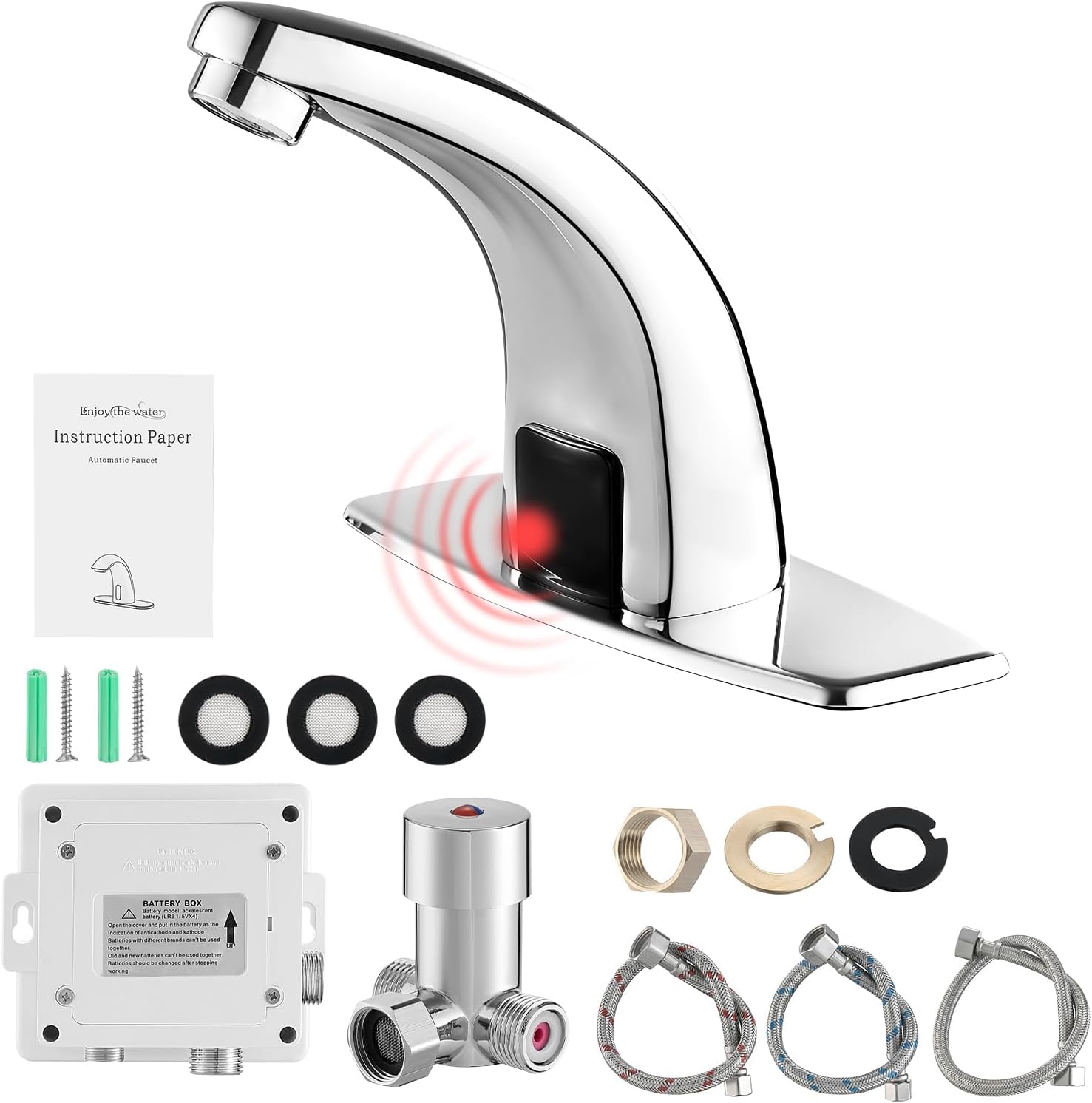 Touchless Bathroom Sink Faucet，Automatic Motion Sensor Faucets with 1 Hole Plate for Water Bath Commercial Lavatory Farmhouse, Chrome