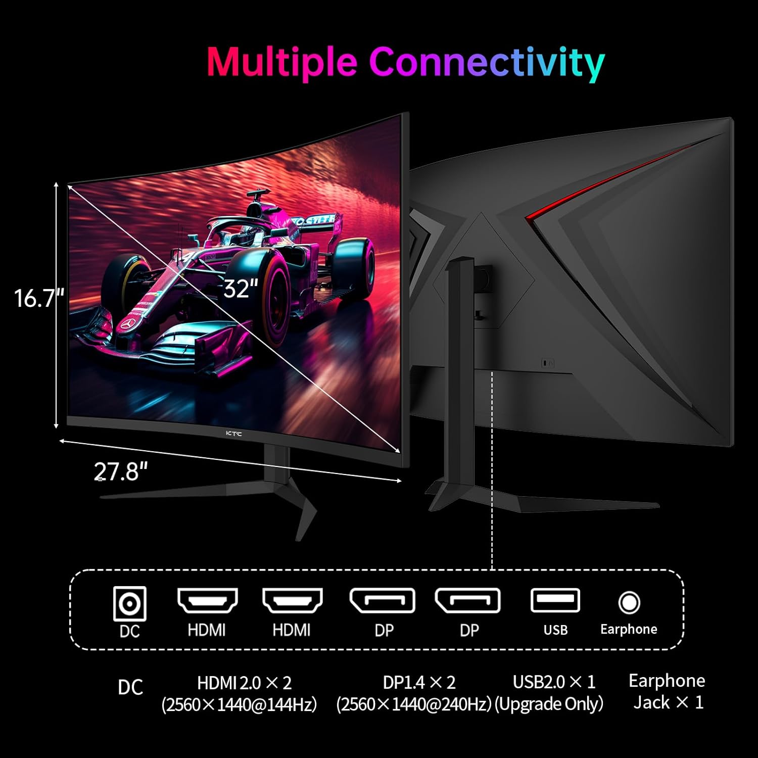 KTC 32 Inch 240Hz Curved Gaming Monitor, 2K 1440P Computer PC Monitor with 1000R 1ms Frameless, Adaptive Sync,122% sRGB, HDMI, DisplayPort, Tilt Adjustable, H32S25E