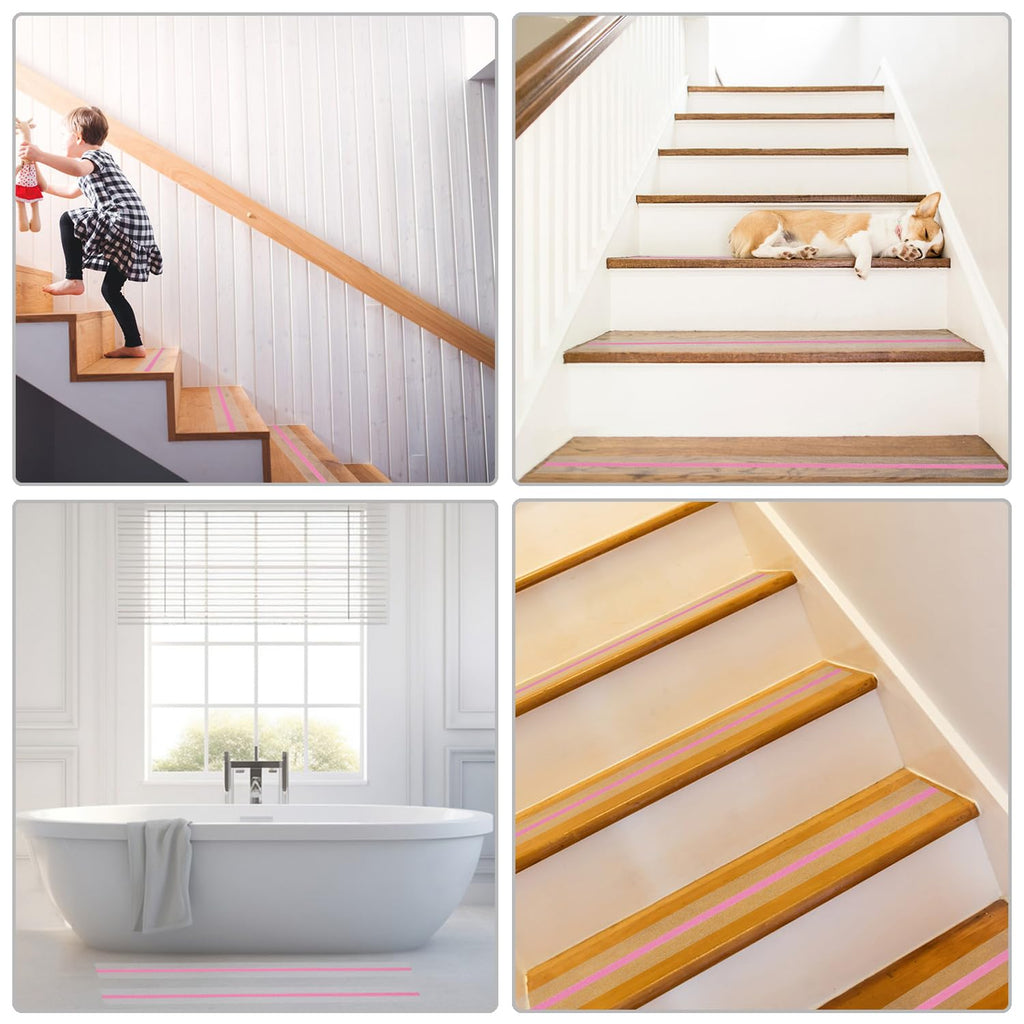 Anti Slip Tape, Clear Glow in The Dark Traction Grip Tape, 2 Inch x 32.8ft Waterproof Indoor/Outdoor, Non Slip Stair Treads Safety Tape(Clear with a line of Glow,Pink, 2" Width)