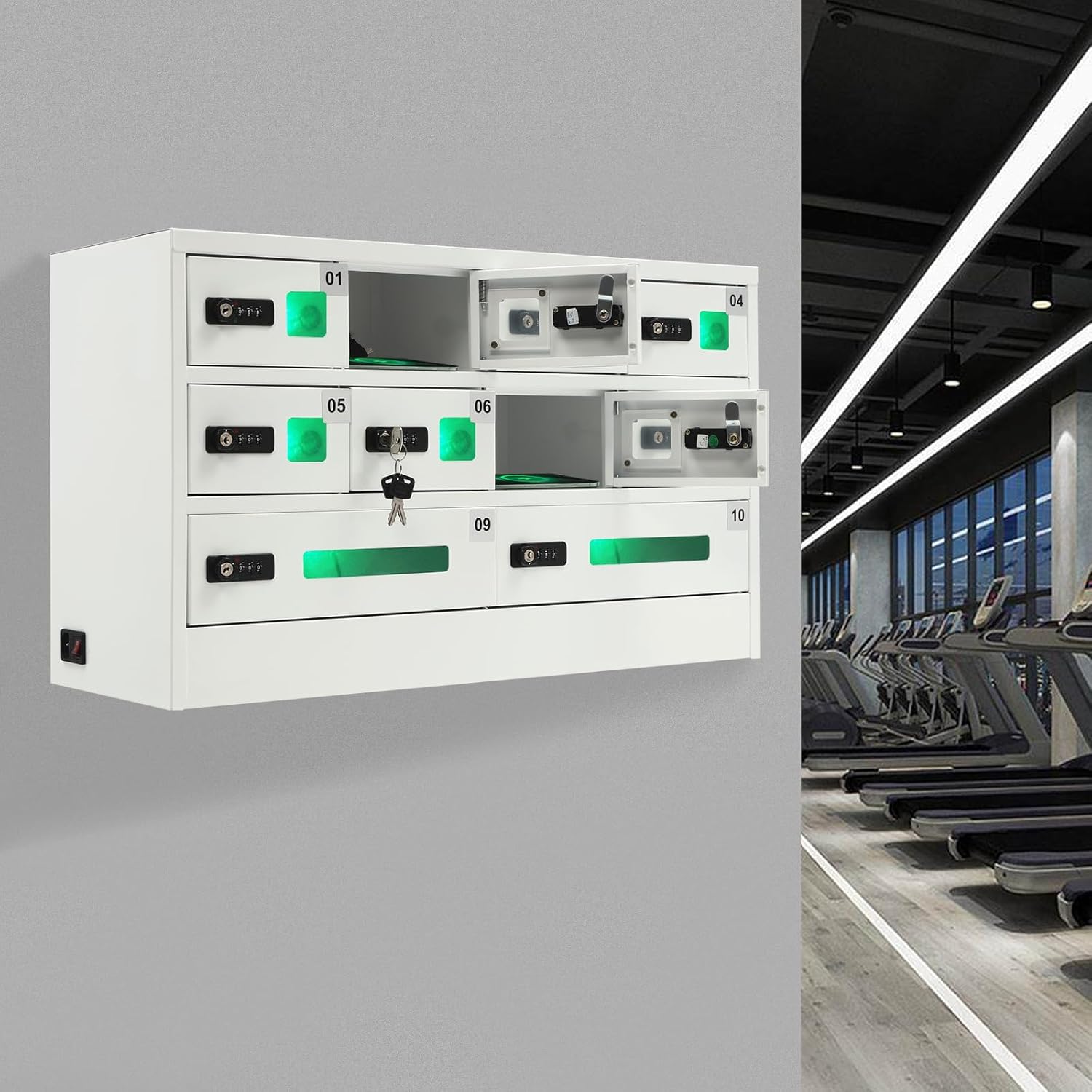 10 Slots Cell Mobile Phone Steel Locker with Combination Lock, Cellphone Charging Station with 3 in 1 Charging Ports for Most Phones, Cellphone Locker for Schools, Conference Rooms, and Offices