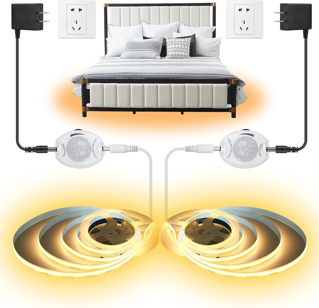 Motion Activated COB LED Strip Bed Lights, 2 x 6.56Ft Warm White COB LED Strip Motion Sensor Under Bed Lights,12V Dimmable Motion Sensor Night Light Strip Indoor for Under Cabinet Closet Stair