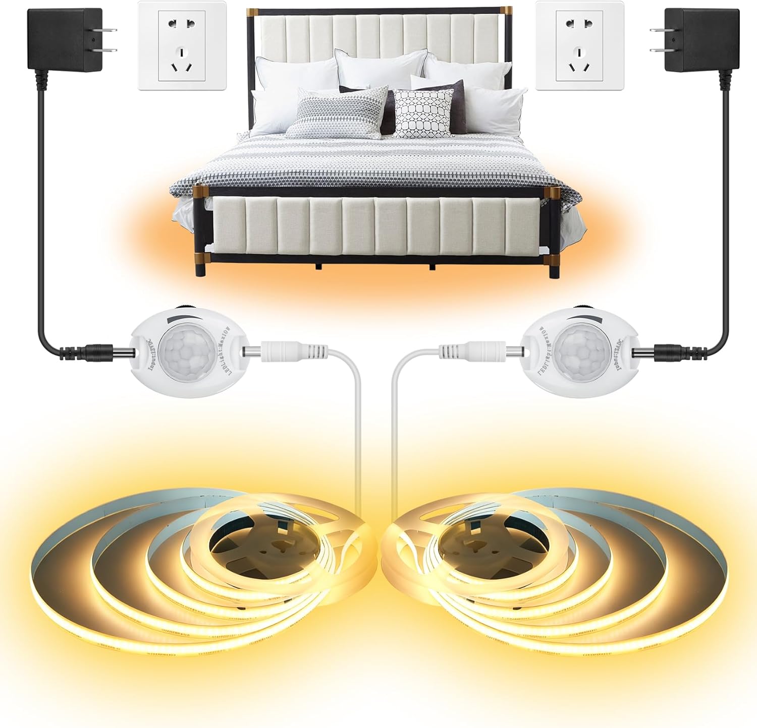 Motion Activated COB LED Strip Bed Lights, 2 x 6.56Ft Warm White COB LED Strip Motion Sensor Under Bed Lights,12V Dimmable Motion Sensor Night Light Strip Indoor for Under Cabinet Closet Stair