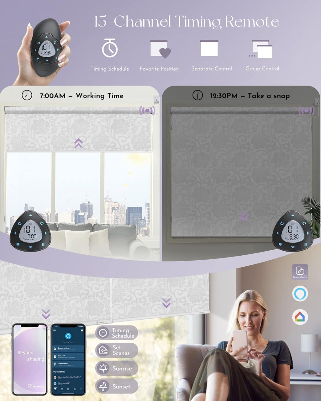 Graywind Smart Blackout Roller Shades Compatible with Alexa Google WiFi Hardwired Patterned Fabric Motorized Blinds Remote Window Shades, Custom Size (Floral Jacquard White)