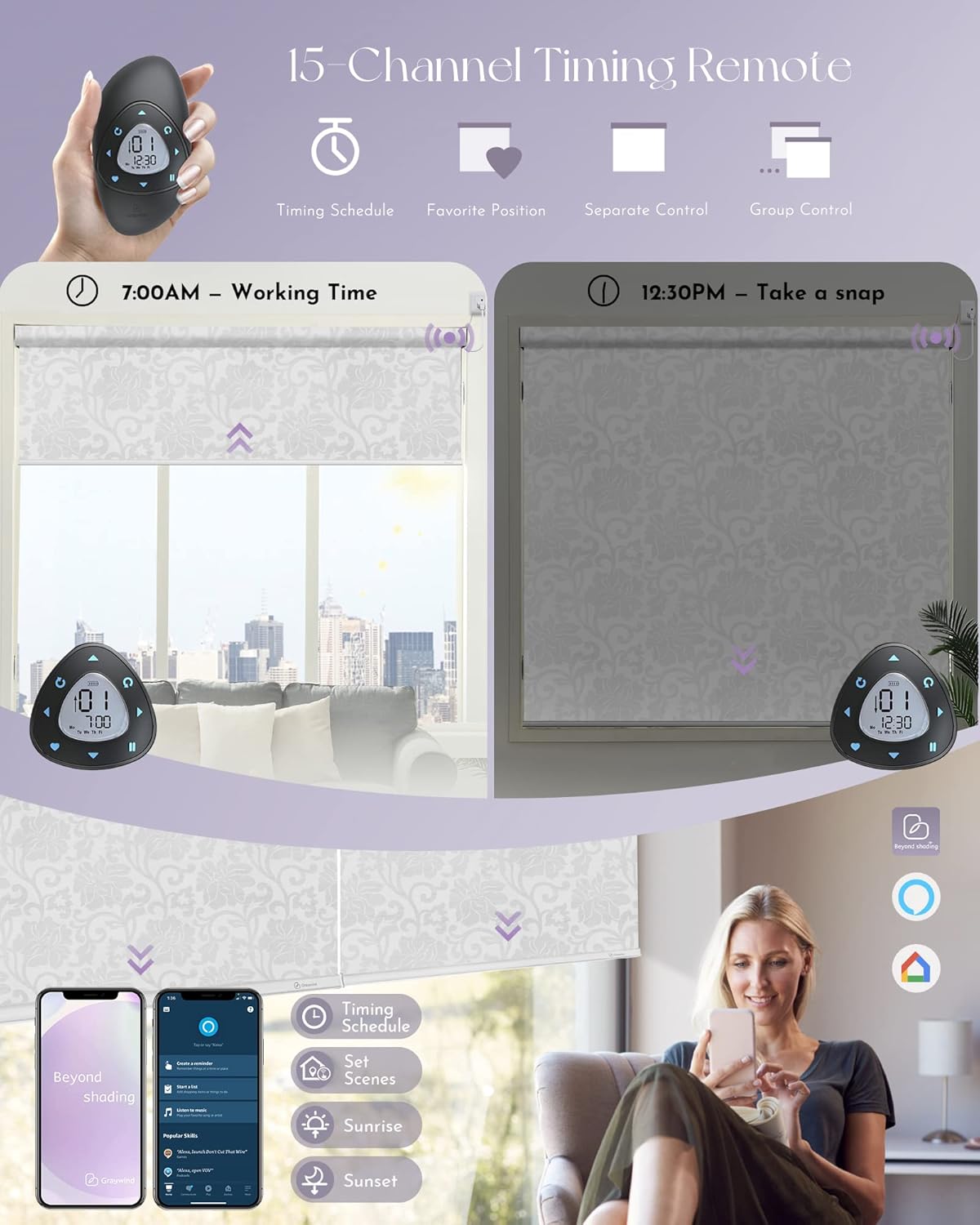 Graywind Smart Blackout Roller Shades Compatible with Alexa Google WiFi Hardwired Patterned Fabric Motorized Blinds Remote Window Shades, Custom Size (Floral Jacquard White)