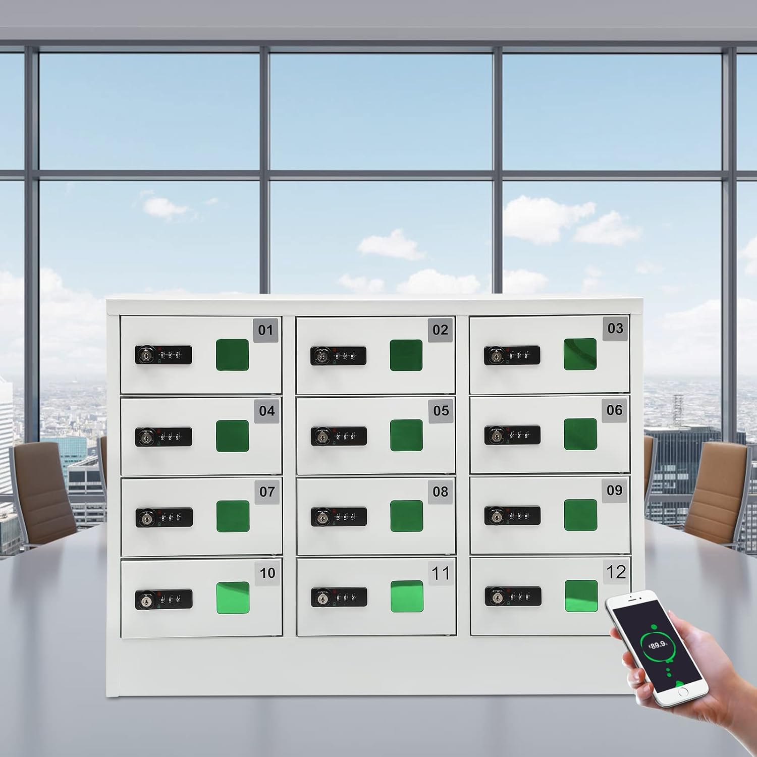 12 Slots Cell Mobile Phone Steel Locker with Combination Lock, Cellphone Charging Station with 3 in 1 Charging Ports for Most Phones, Cellphone Locker for Schools, Conference Rooms, and Offices