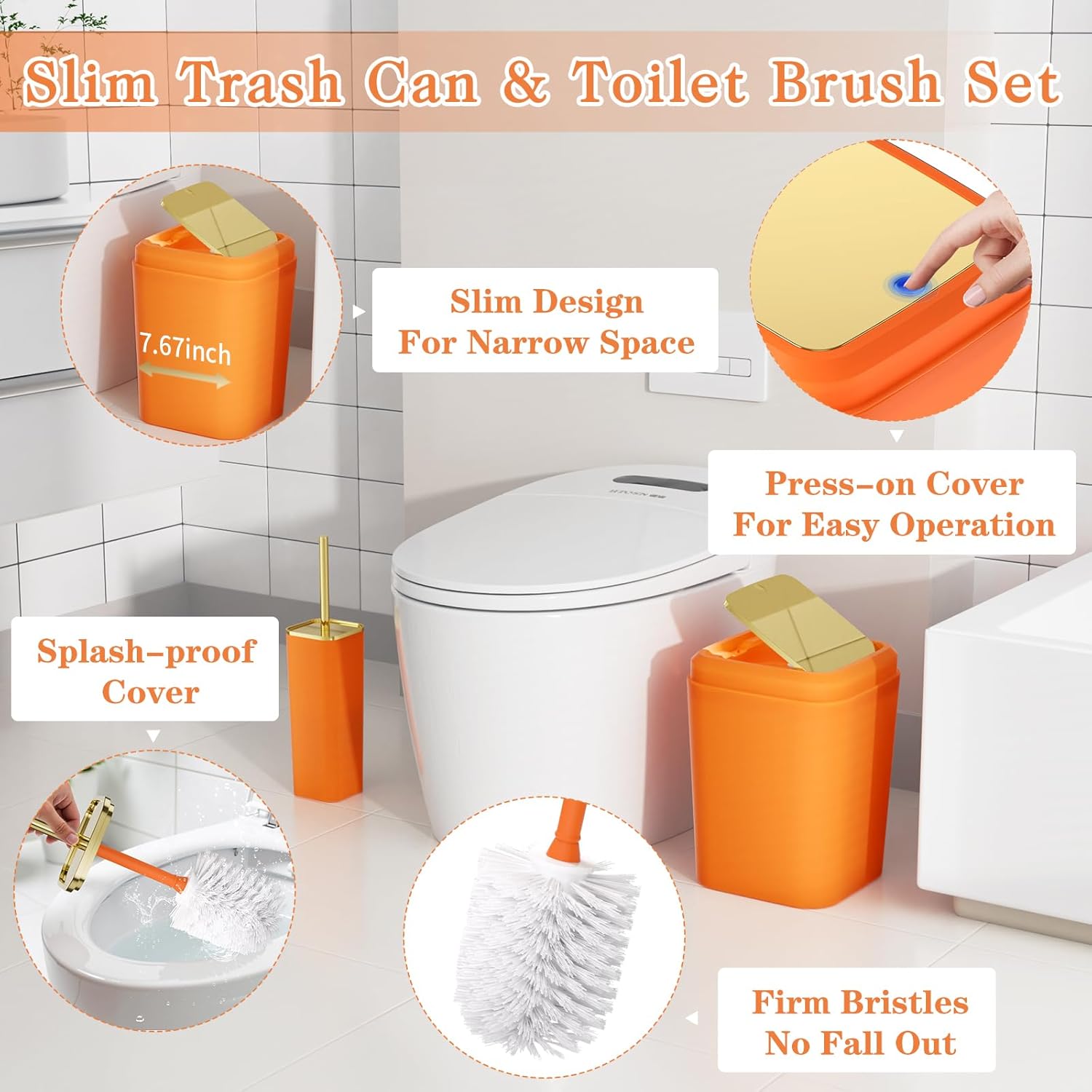 Bathroom Accessory Set, 11PC Bathroom Set, Orange Bathroom Accessories, Bathroom Accessories Set with Trash Can, 3PC Soap Dispensers and Toilet Brush