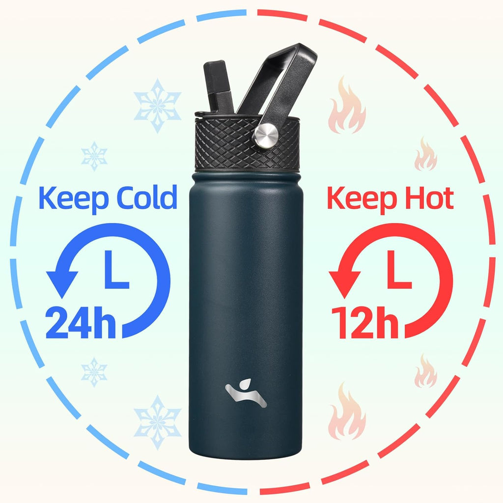18 oz Insulated Water Bottle Stainless Steel Sport Bottles with 3 Lids,Navy Blue