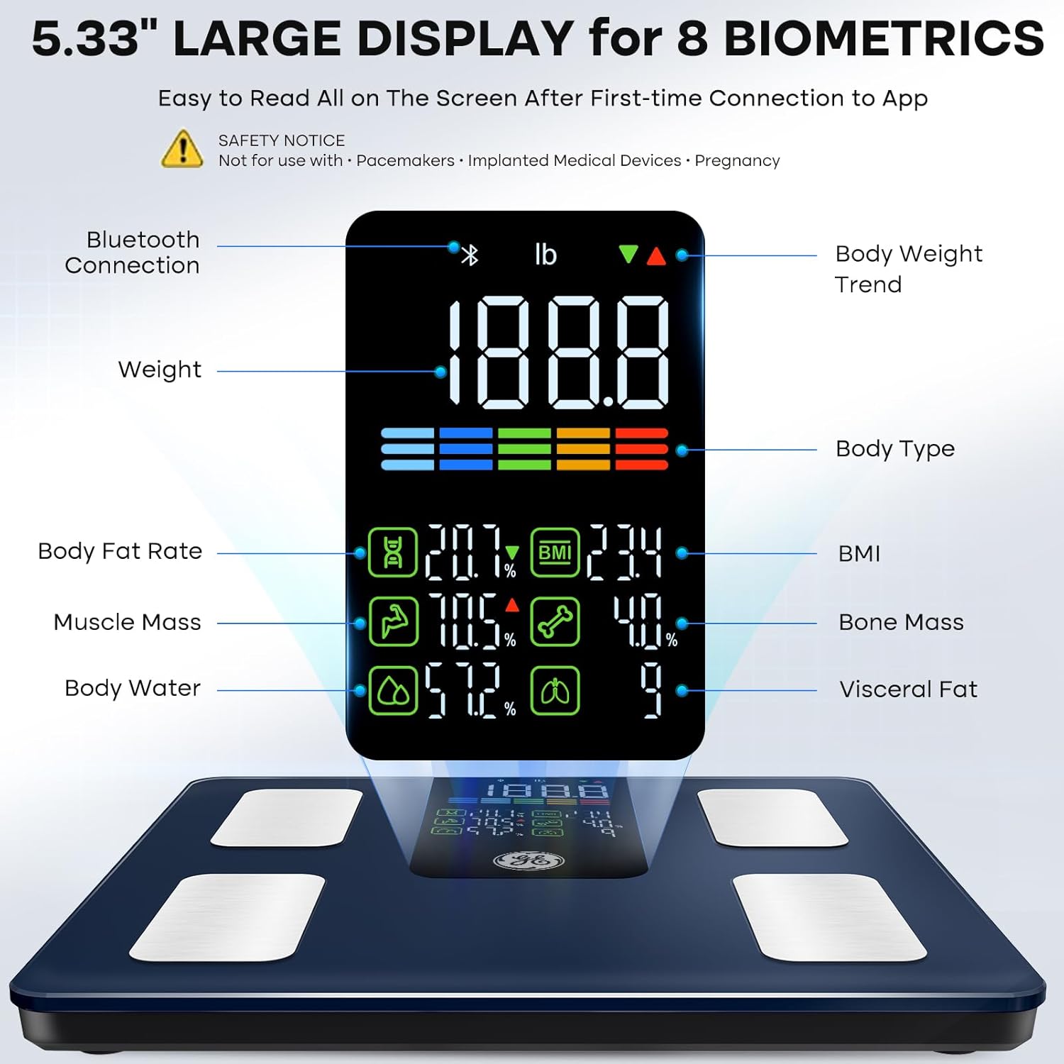 GE Smart Scale for Body Weight, BMI, Body Fat, Muscle Mass, Digital Bathroom Scales 500lbs for Bluetooth Weight Monitor 11.8" Large Platform Weighing Machine Health Analyzer with App, Dark Blue