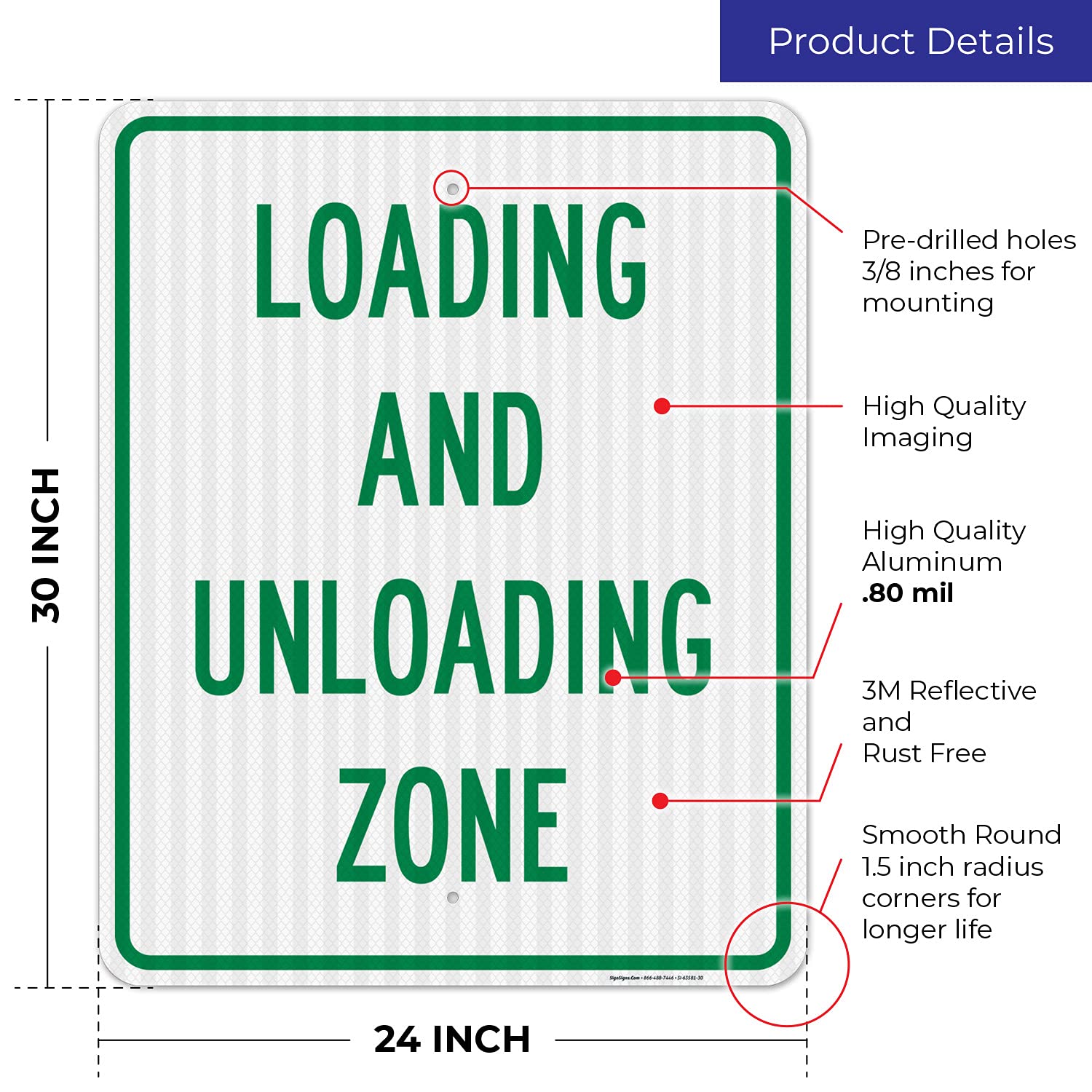 Loading and Unloading Zone Sign, 24x30 Inches, 3M EGP Reflective .080 Aluminum, Fade Resistant, Made in USA