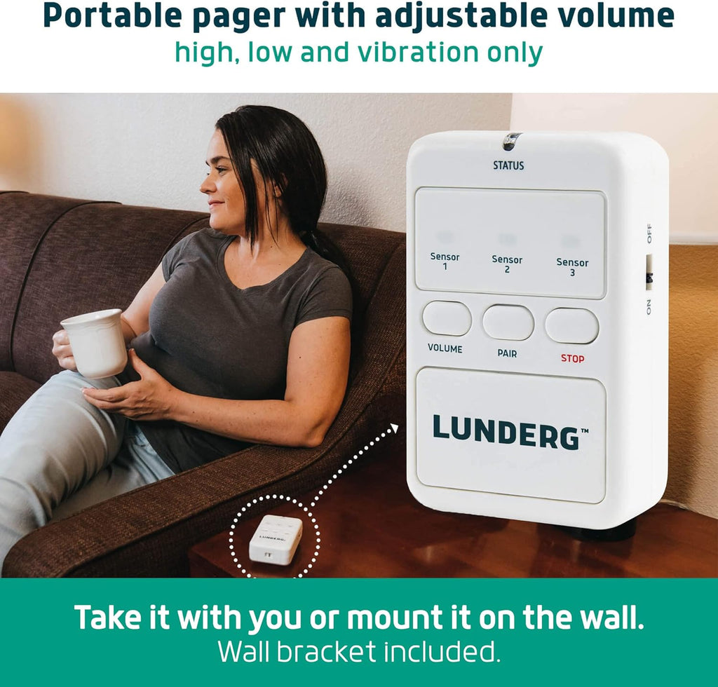 Lunderg Bed Alarm for Elderly Adults & Chair Alarm Set - Wireless Bed Sensor Pad (10” x 30”), Chair Sensor Pad & Pager - Alarms and Fall Prevention for Seniors & Dementia Patients - Full Caregiver Set
