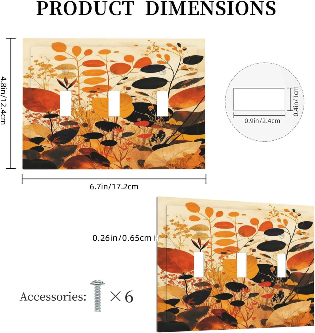 Decorative Switch Plates Boho Warm Colorful Plant Leaves 3 Gang Wall Plate Faceplate Triple Toggle Light Switch Cover Electrical Wall Panels for Bedroom living Room Decor