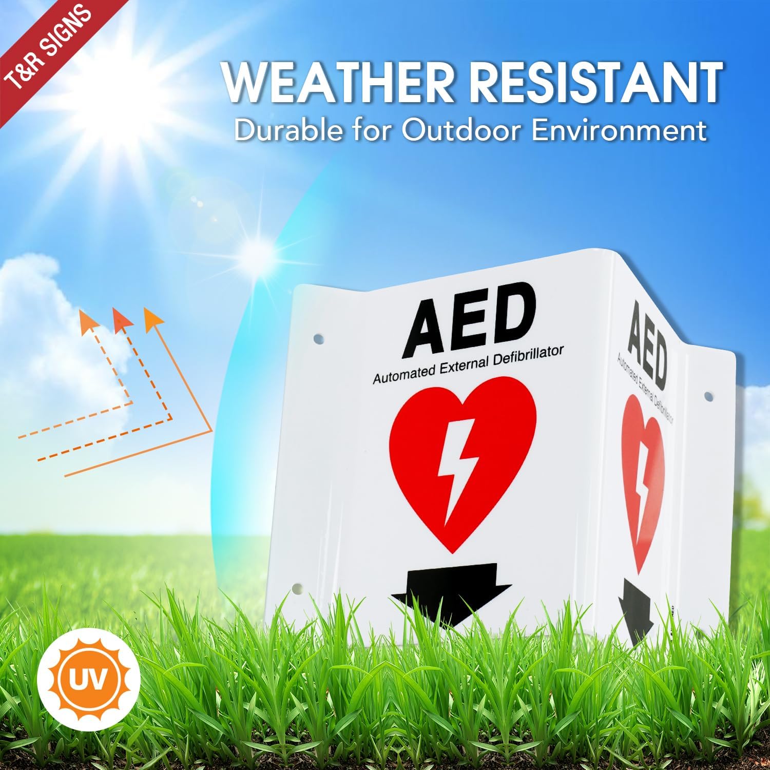 T&R AED Sign, Automated External Defibrillator with Down Arrow - 8 Pack - 8 x 6 Inches Acrylic, 4 pre-drilled holes, Includes Matching Screws, Use for Office/Business