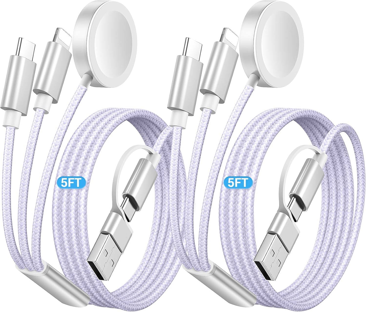Temdan 2Pack for Apple Watch Charger, 3 in 2 Multi Charging Cable, iPhone Charger, USB A/Type C/Lightning Cable, Portable Travel Essentials Designed for iWatch Ultra/SE/11-1 & iPhone 17-12/ iPad-5Ft