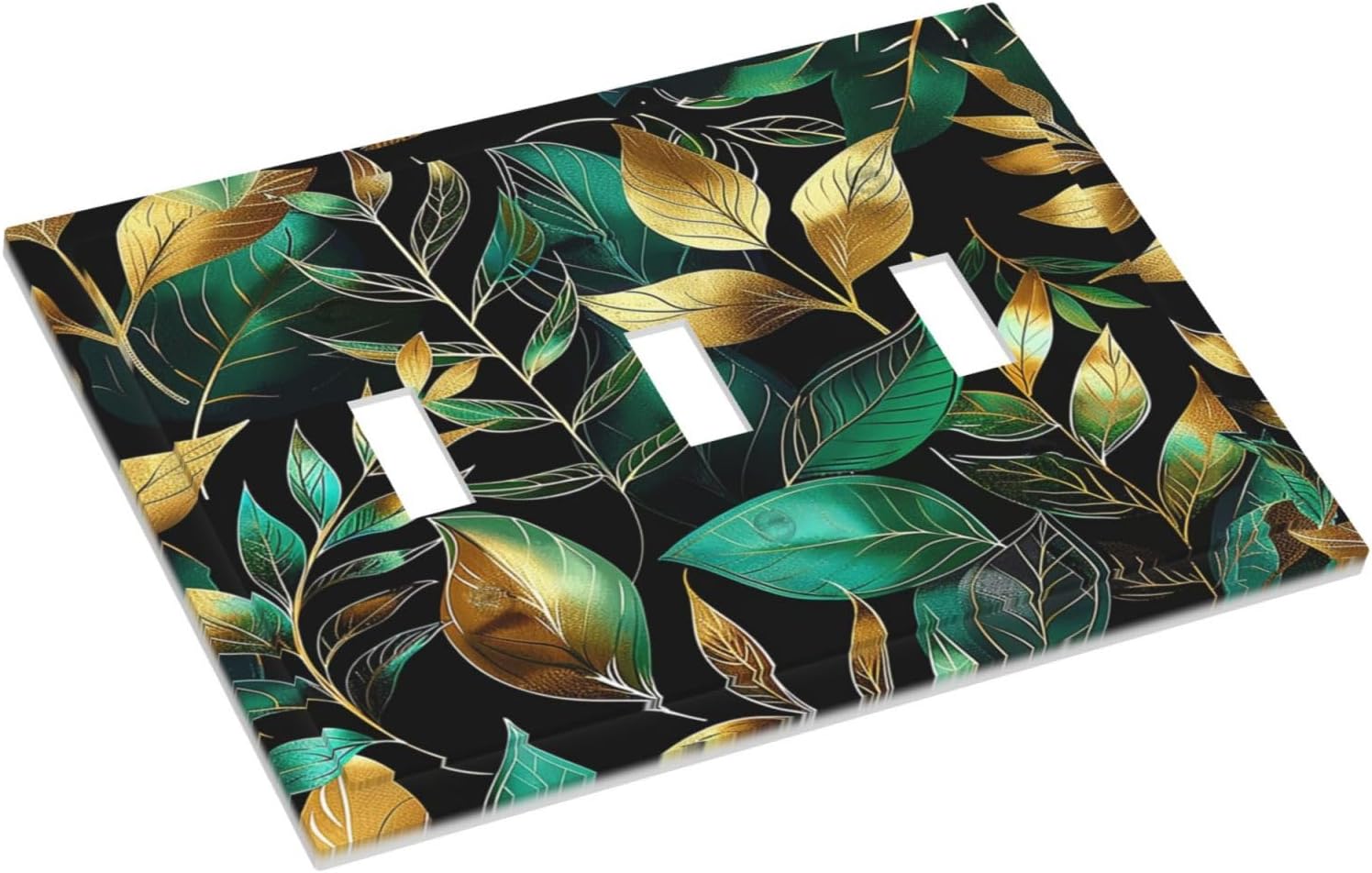 Decorative Switch Plates Vintage Dark Green Vine Leaf Golden Plants 3 Gang Wall Plate Triple Toggle Light Switch Cover Faceplate Electrical Wall Panels for Bed Room Cabin Decor