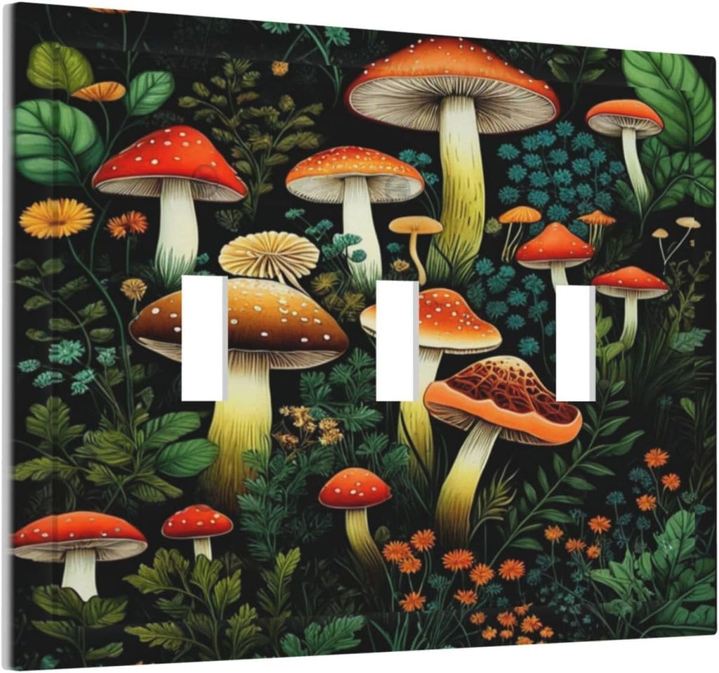 Decorative Light Switch Plate Covers Boho Red Mushroom Green Leaf Plants Floral 3 Gang Wall Plate Switch Cover Plate Triple Toggle Jumbo Electrical Faceplate for Bedroom Home Decor